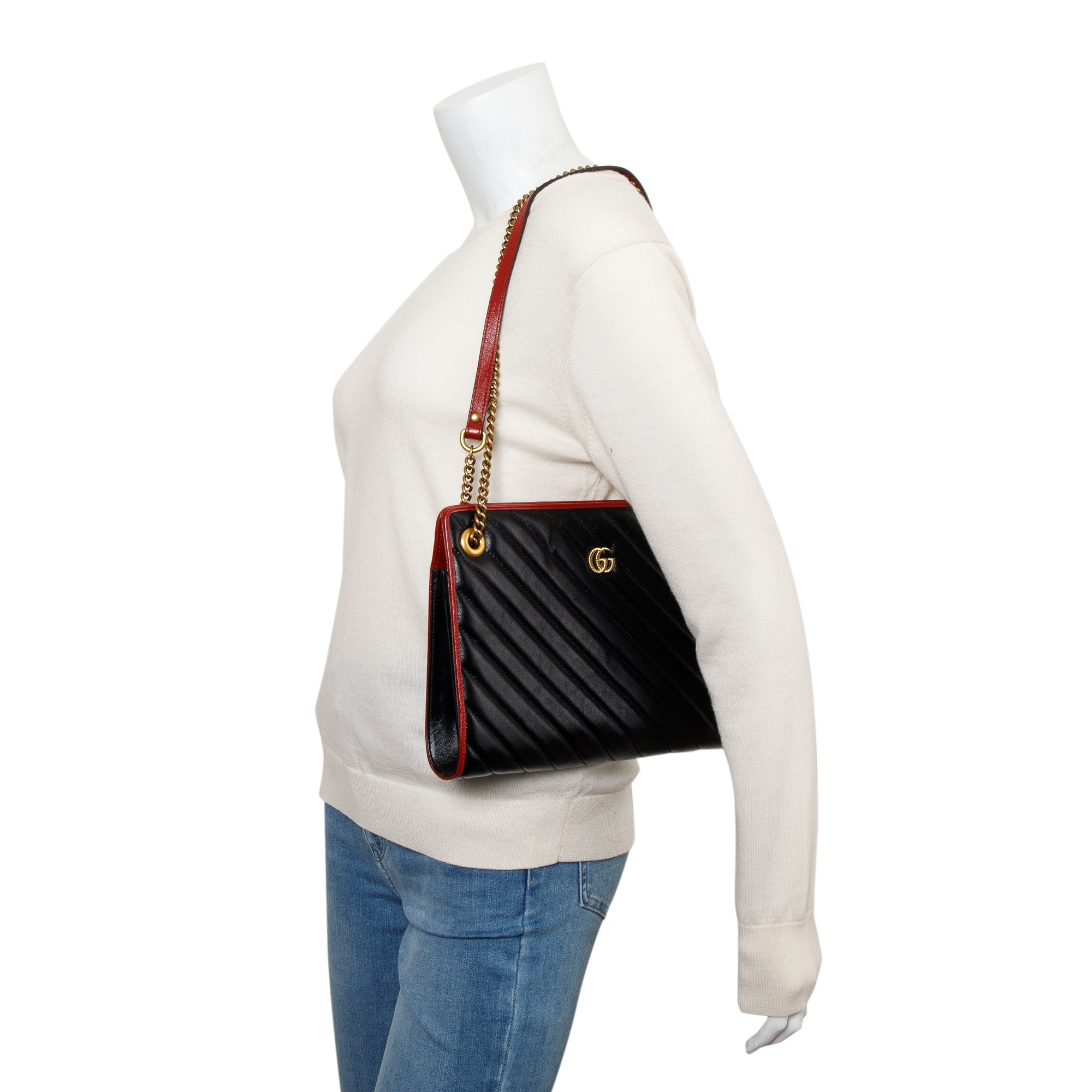 Gucci Black GG Marmont Diagonal Quilted Leather Accordion Medium Shoulder Bag