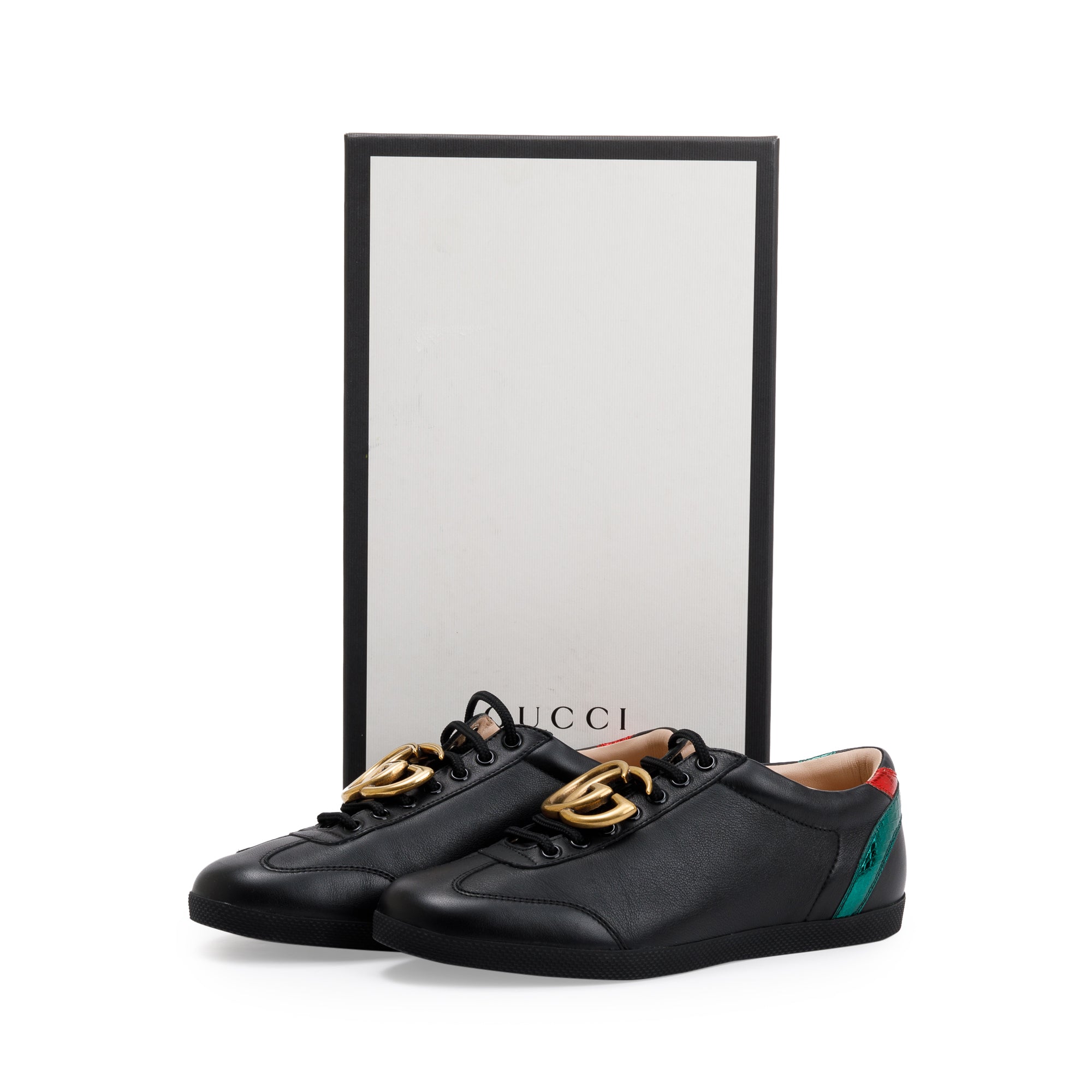 Gucci Black GG Marmont Snakeskin-Trimmed Sneakers, Size 5.5 w/ Box