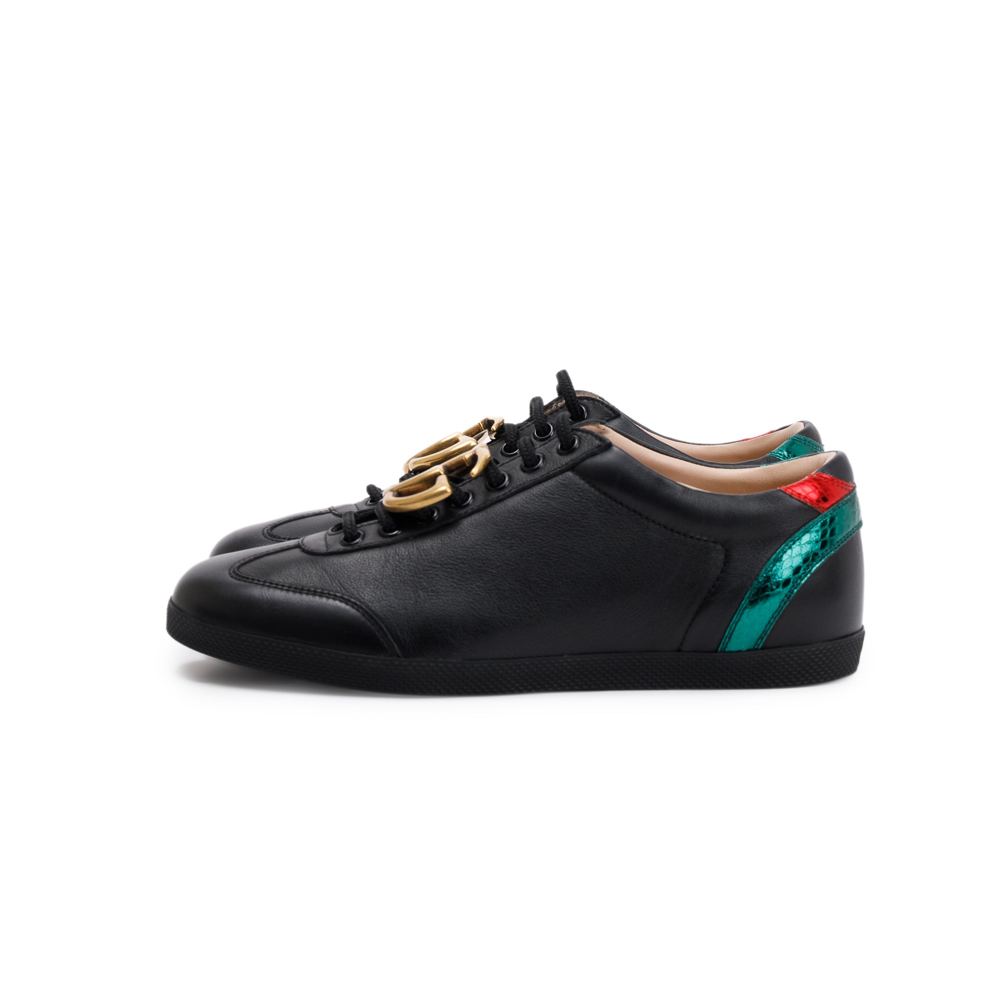 Gucci Black GG Marmont Snakeskin-Trimmed Sneakers, Size 5.5 w/ Box