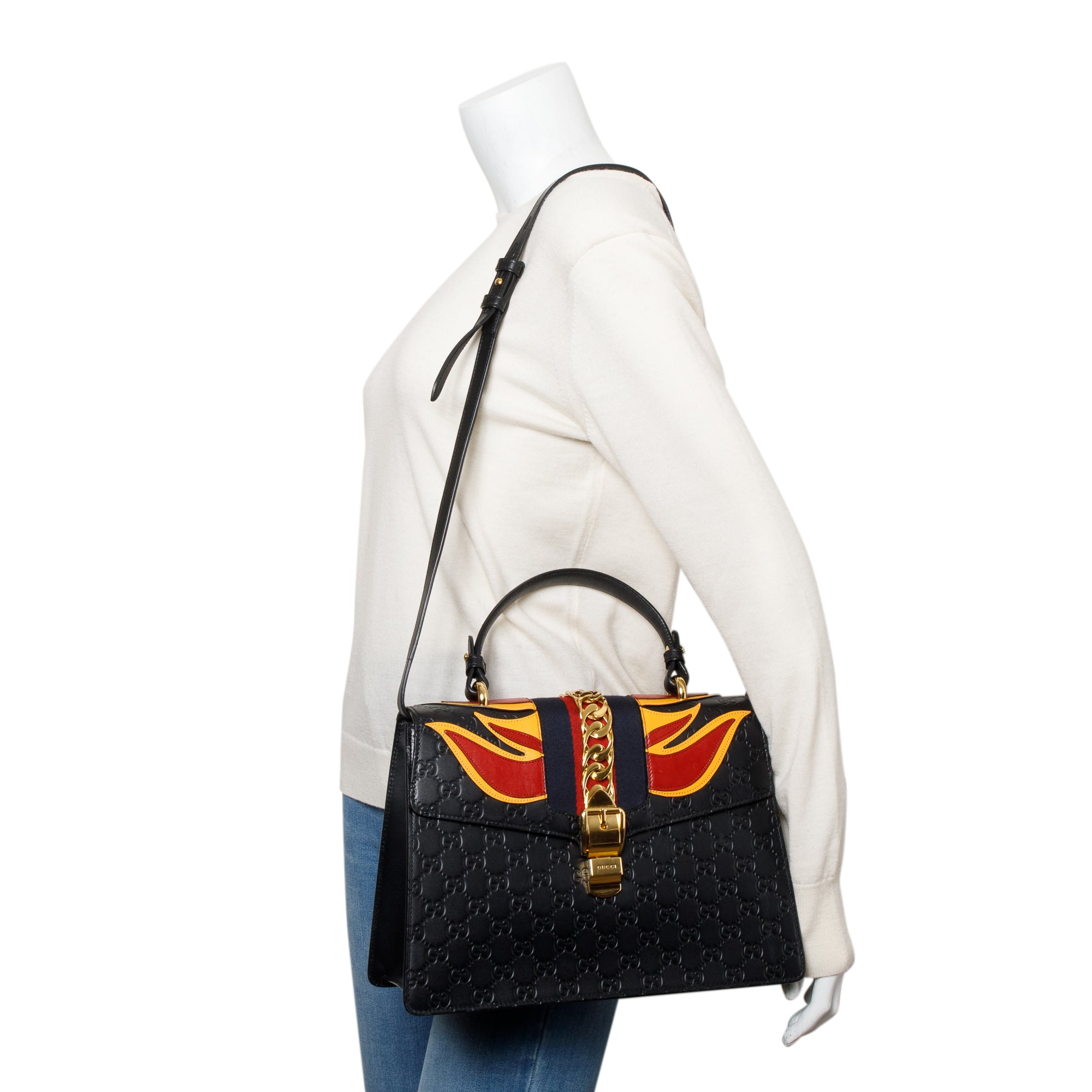 Gucci Black GG Signature Leather Medium Sylvie Handle Bag