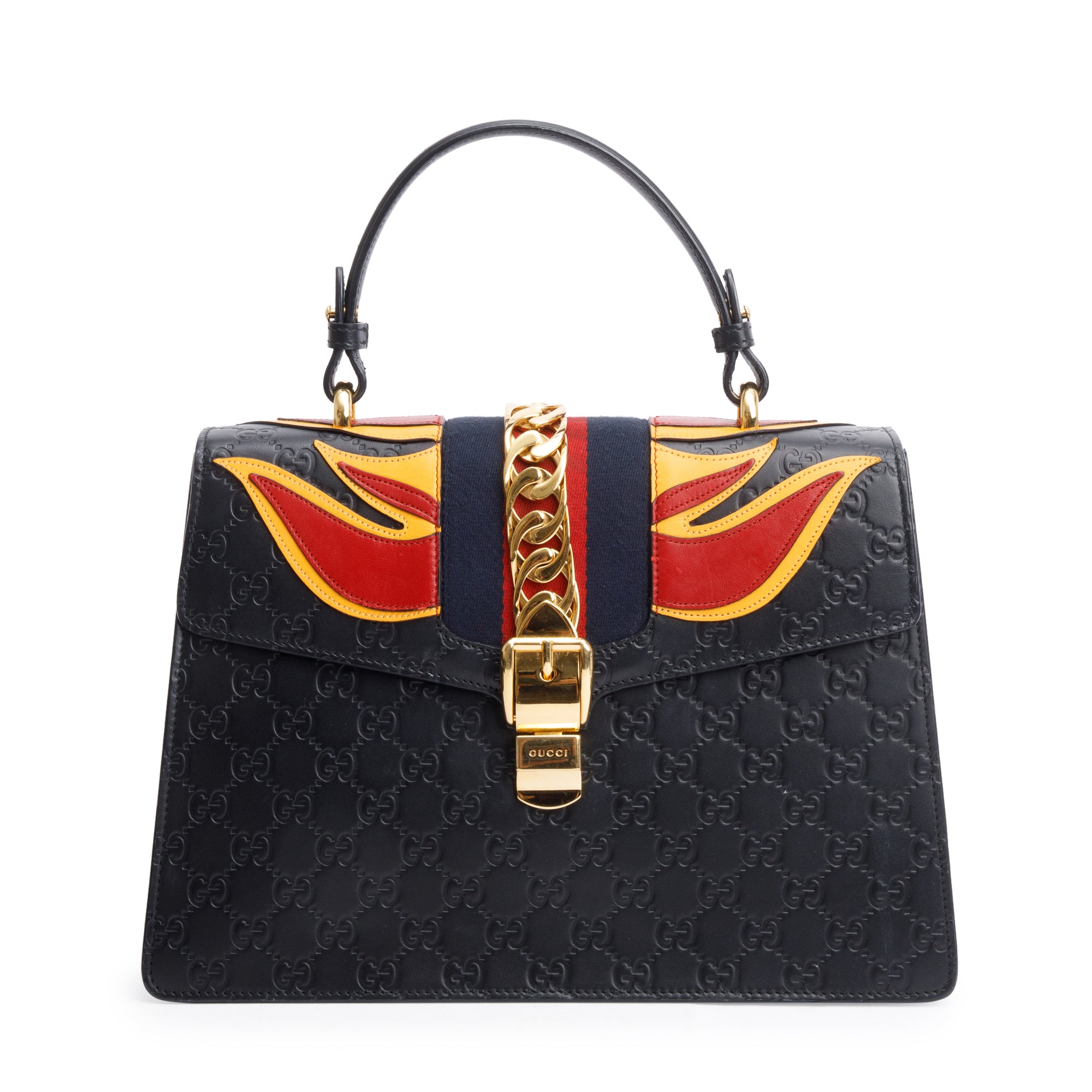 Gucci Black GG Signature Leather Medium Sylvie Handle Bag