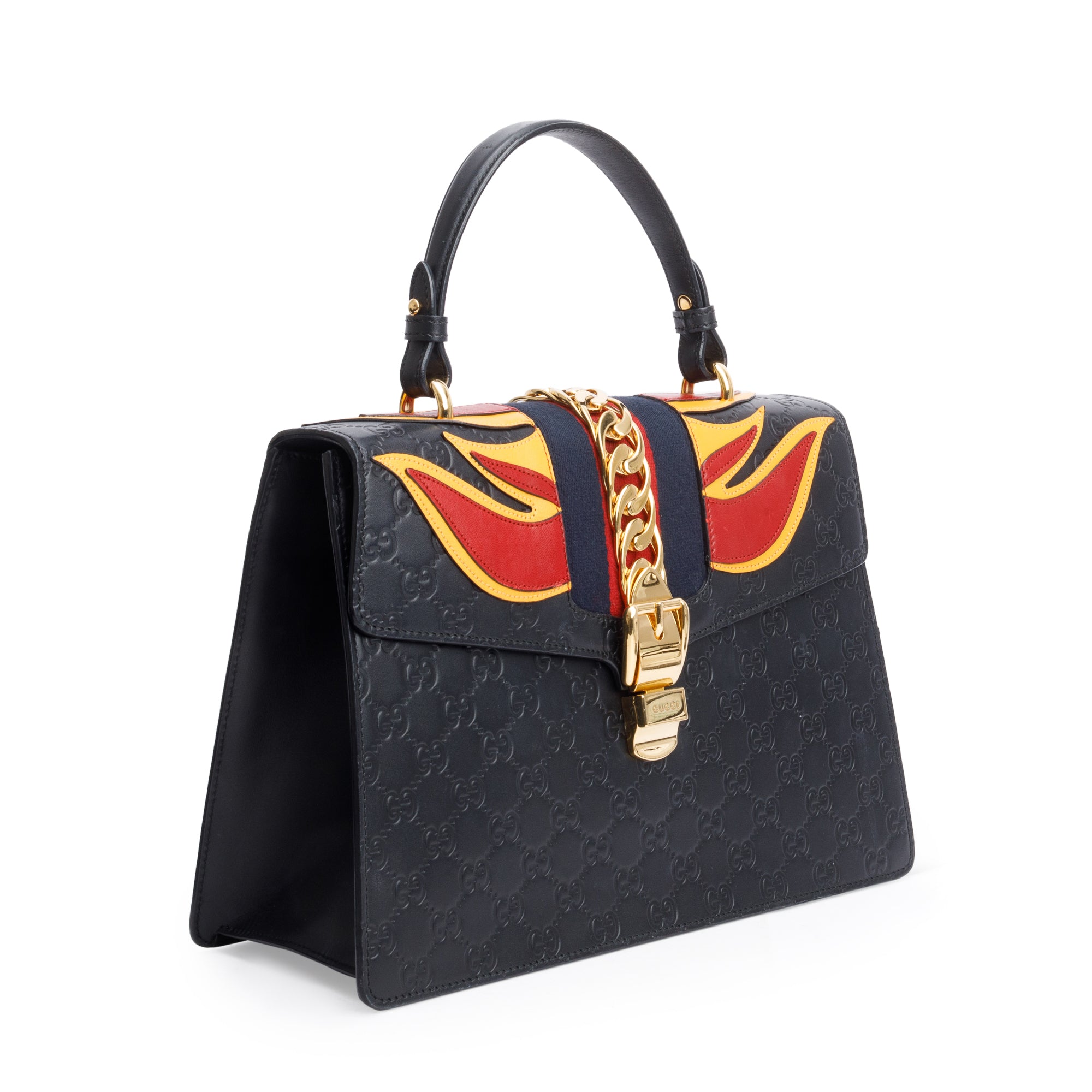 Gucci Black GG Signature Leather Medium Sylvie Handle Bag