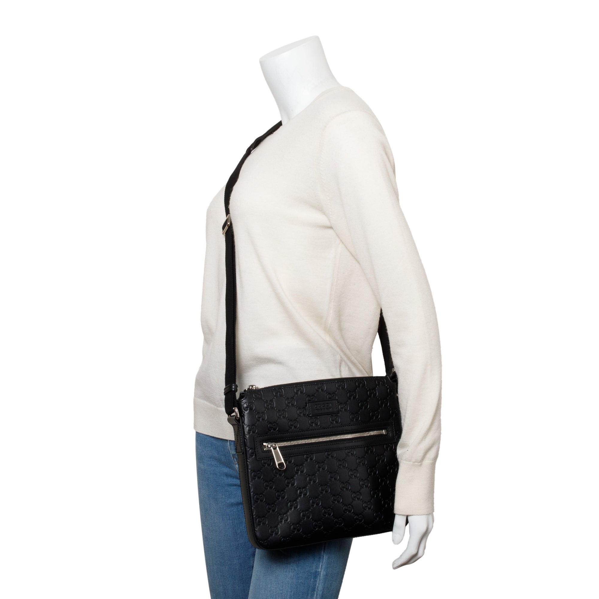 Gucci Black GG Signature Leather Small Messenger Bag w/ Box