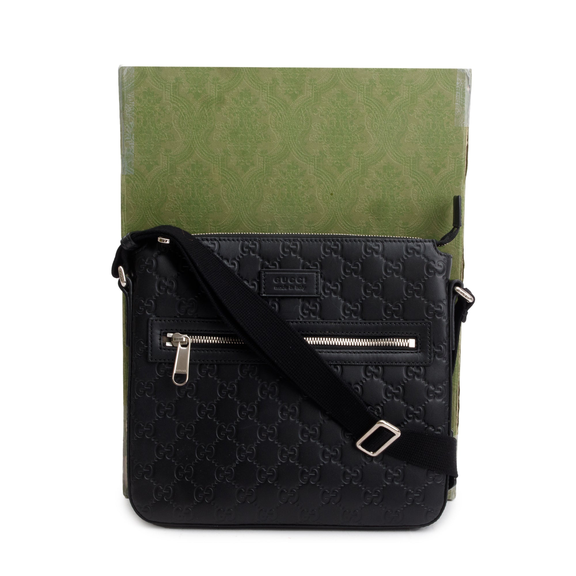 Gucci Black GG Signature Leather Small Messenger Bag w/ Box