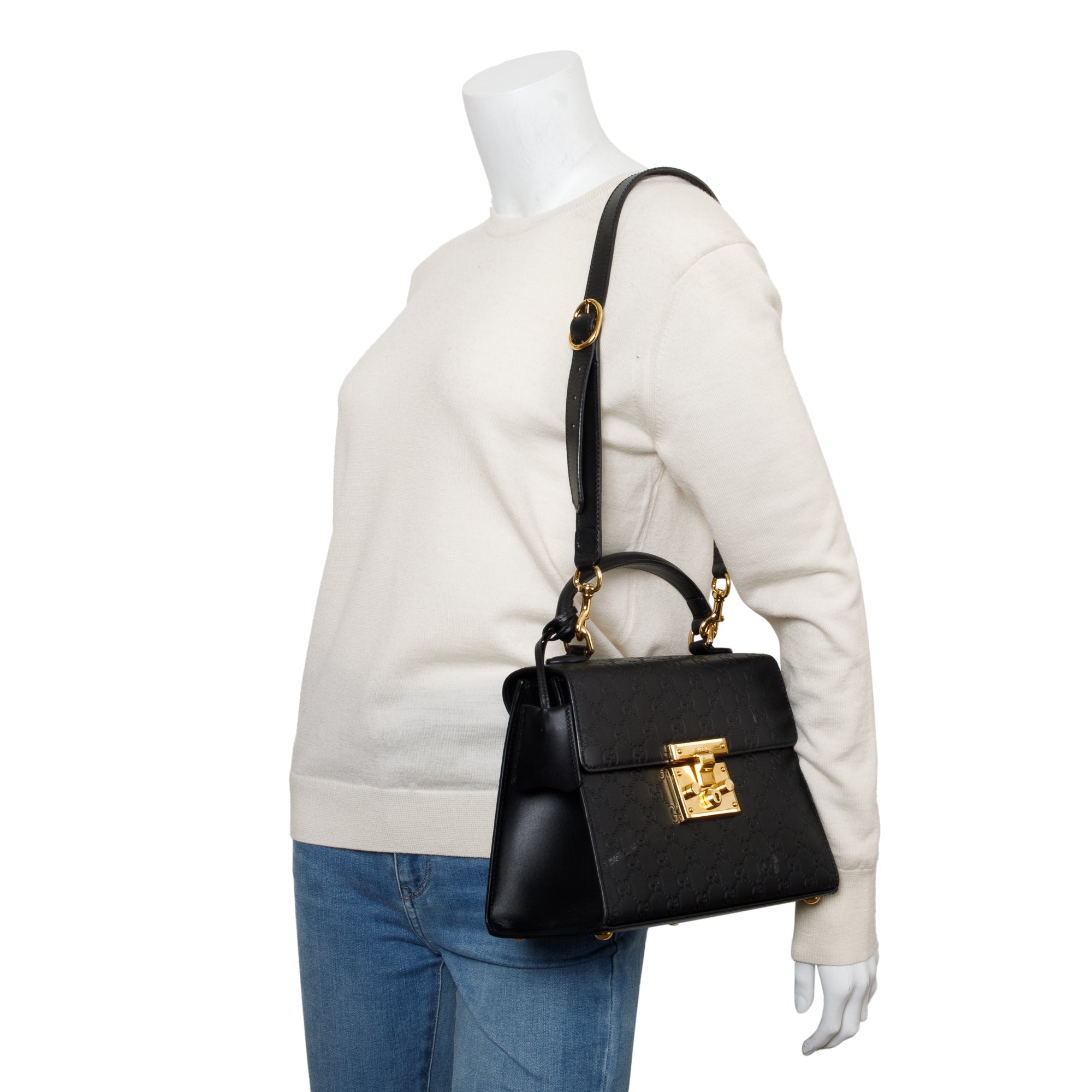 Gucci Black GG Signature Leather Small Padlock Top Bag w/ Strap