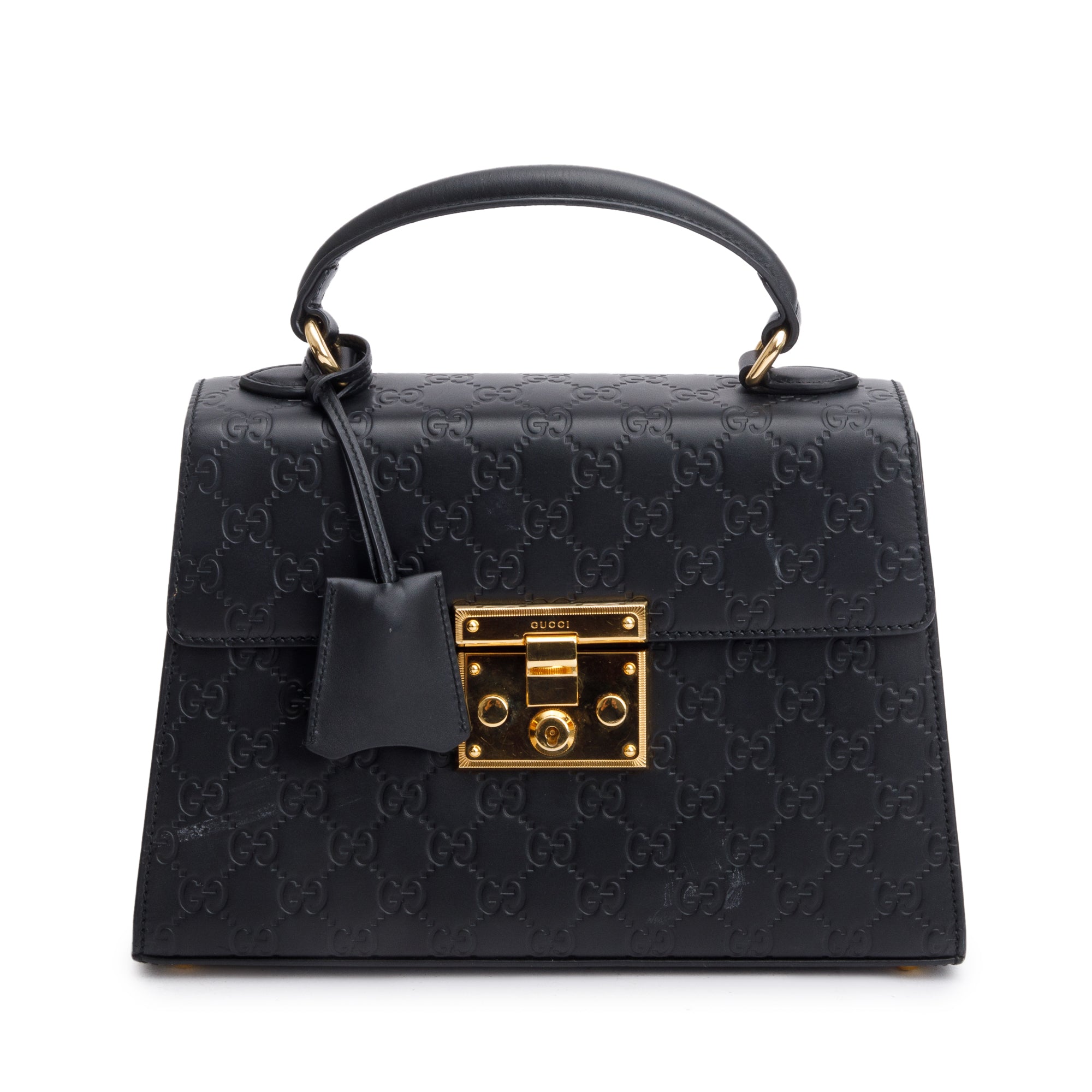 Gucci Black GG Signature Leather Small Padlock Top Bag w/ Strap