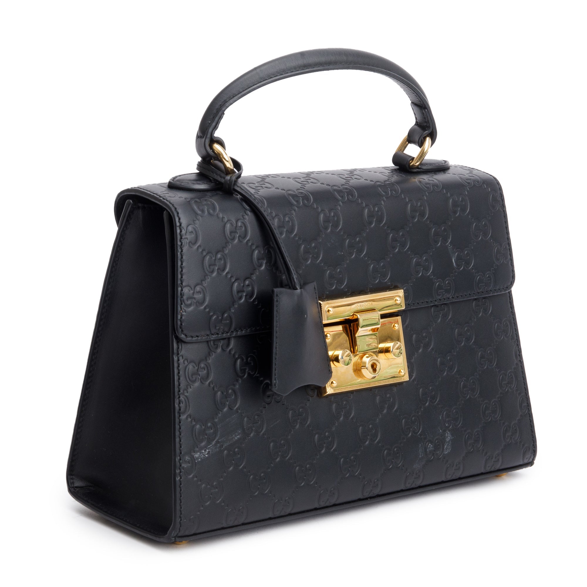 Gucci Black GG Signature Leather Small Padlock Top Bag w/ Strap