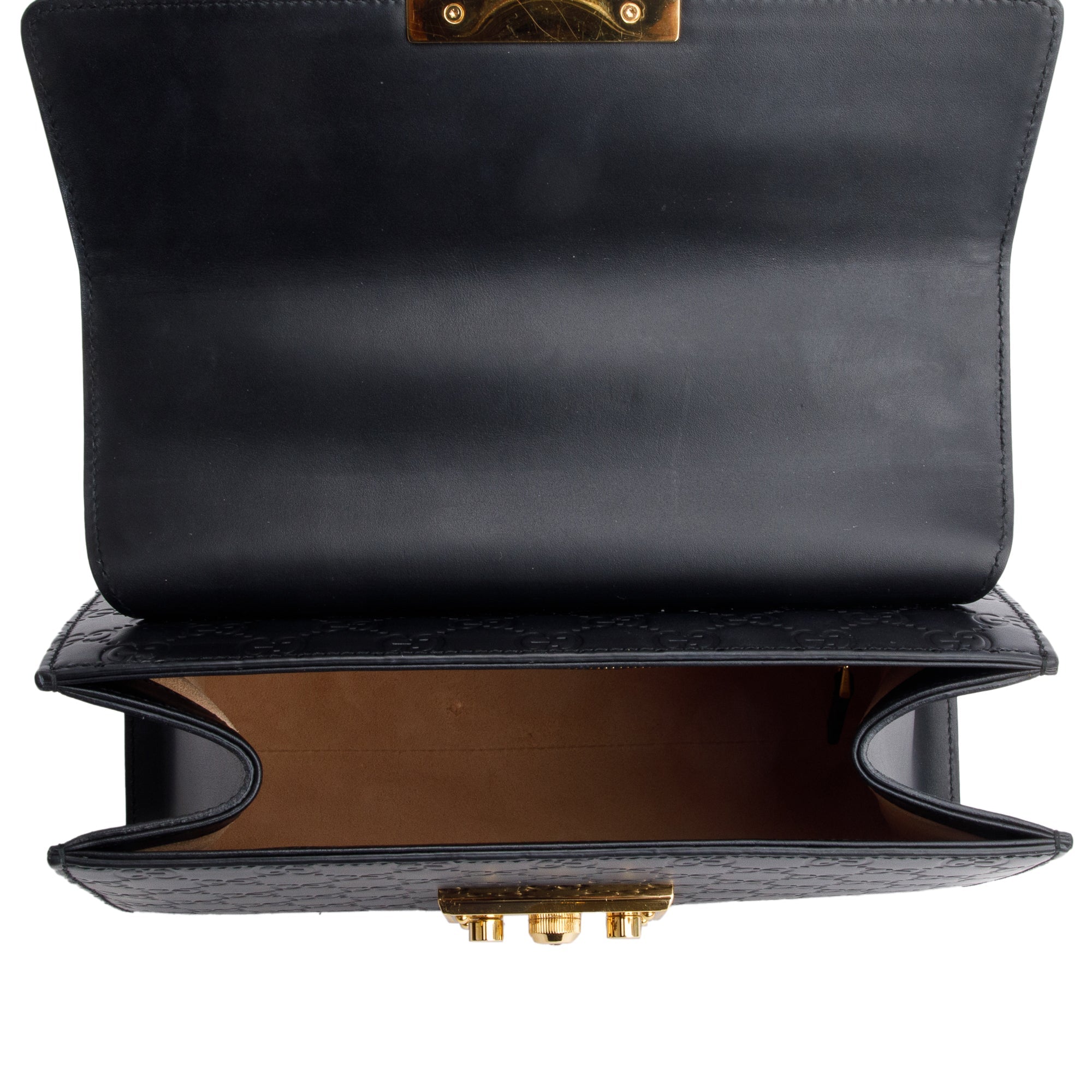 Gucci Black GG Signature Leather Small Padlock Top Bag w/ Strap