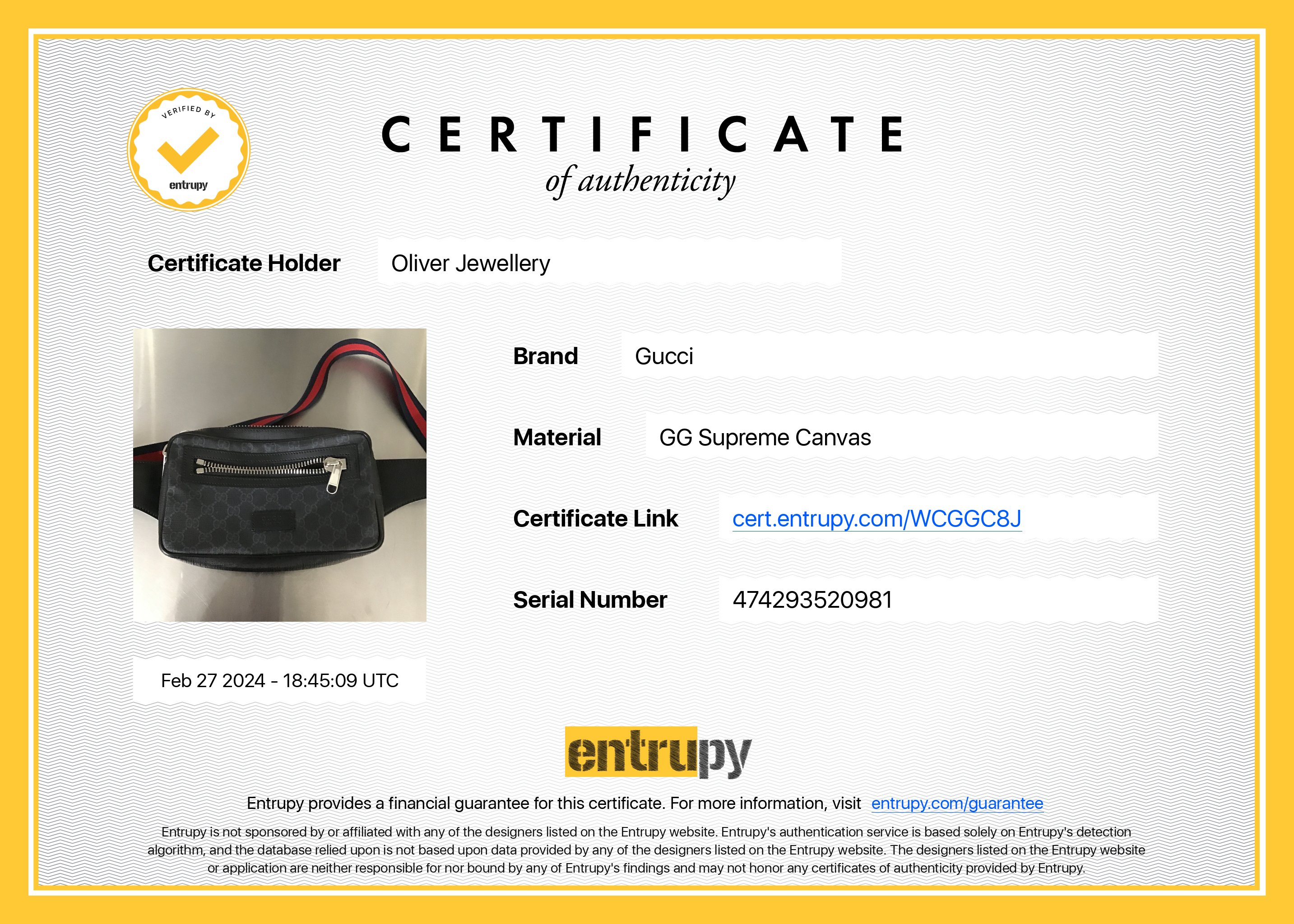 Gucci Black GG Supreme Belt Bag w/ Box