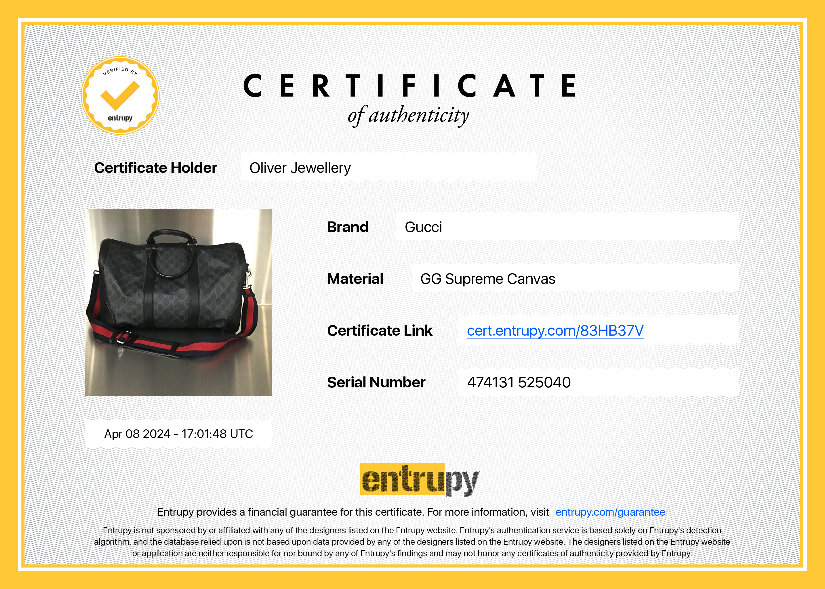 Gucci Black GG Supreme Canvas Carry-On Duffle Bag w/ Strap