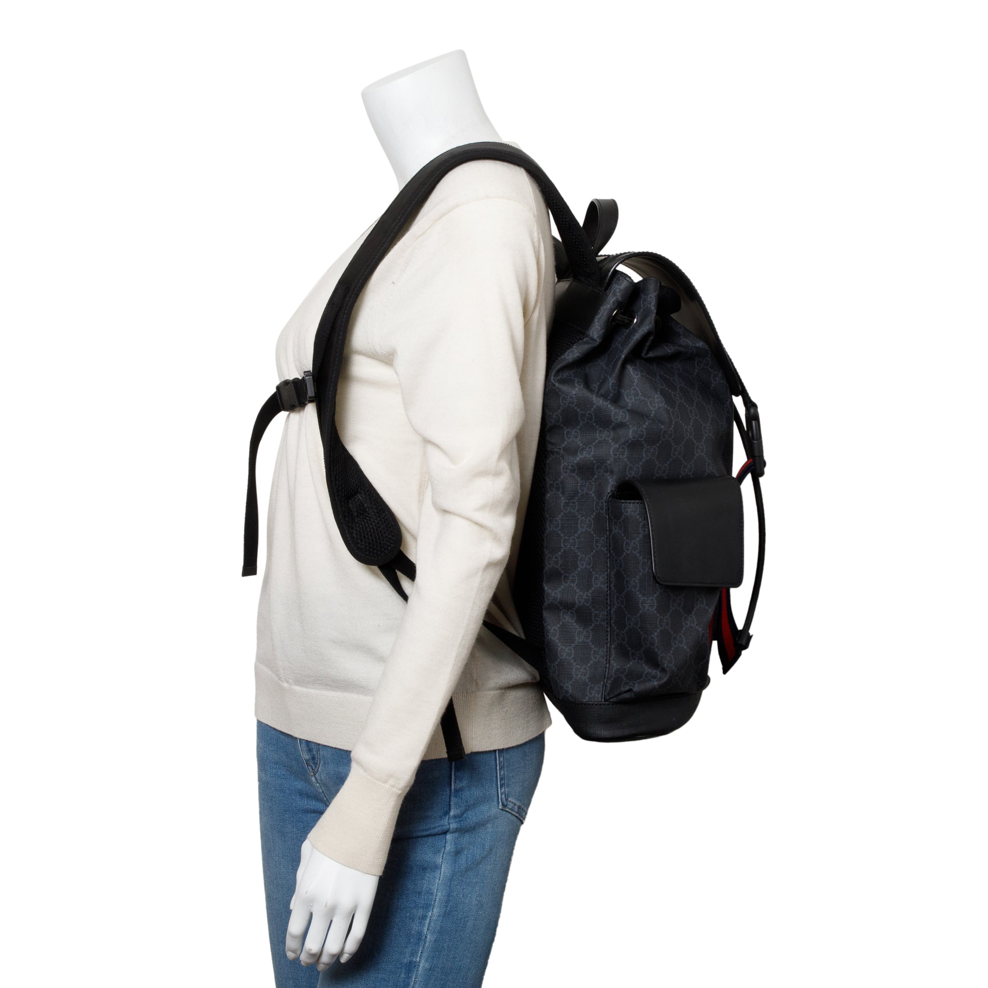 Gucci Black GG Supreme Double Buckle Backpack
