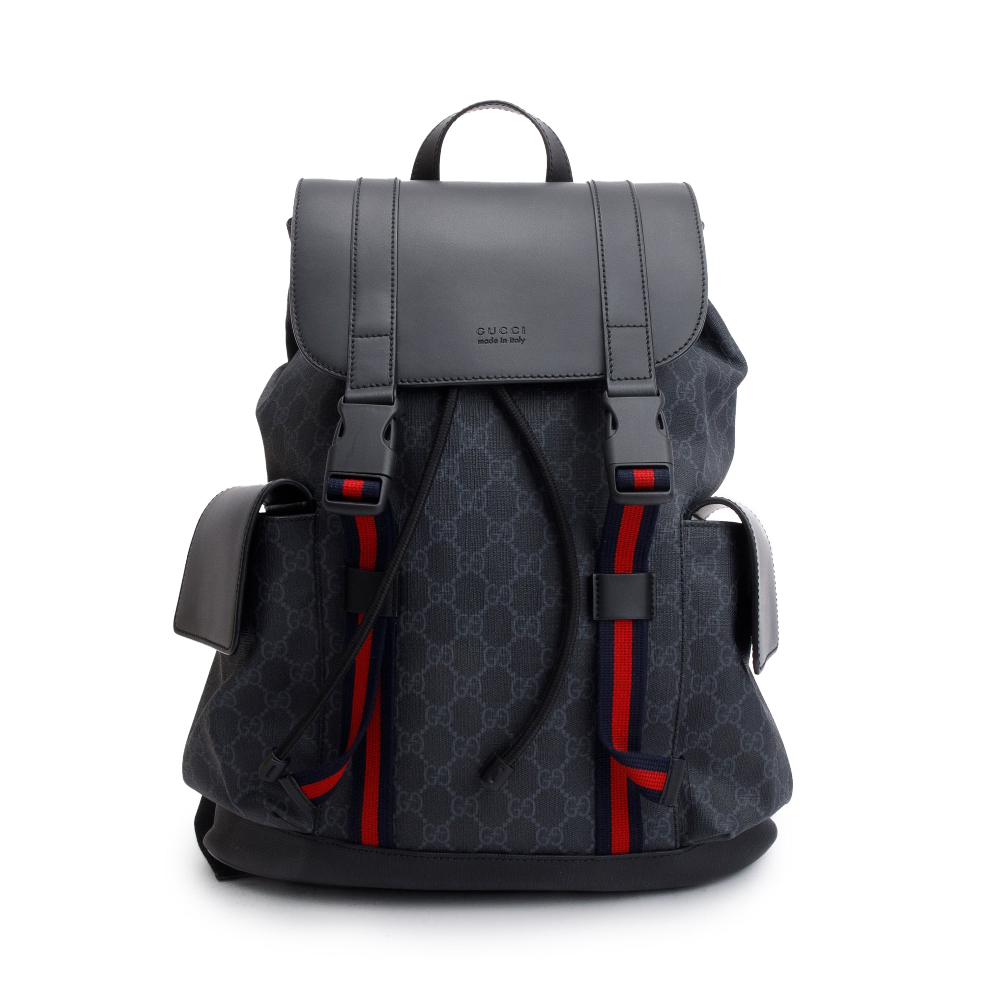 Gucci Black GG Supreme Double Buckle Backpack