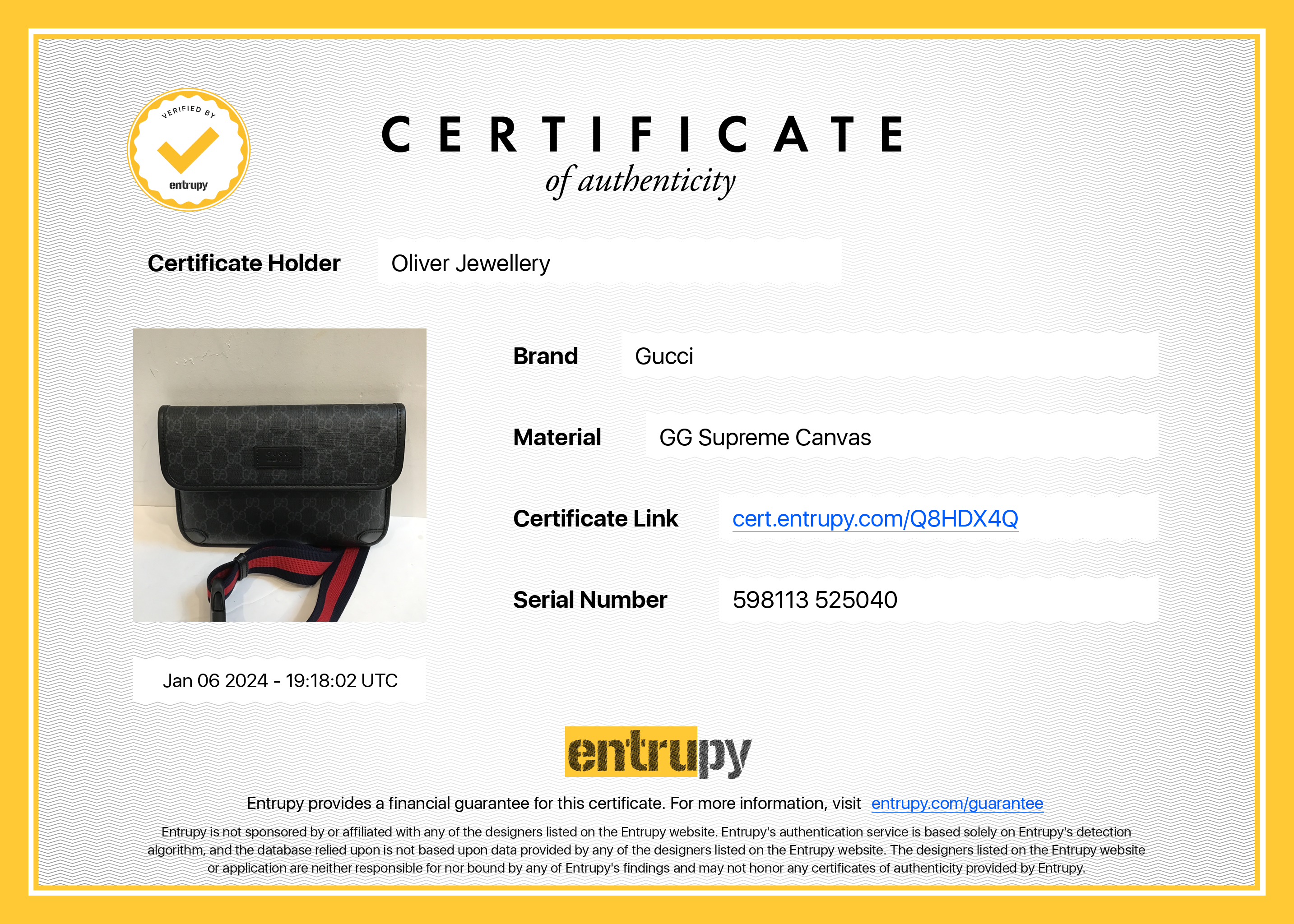 Gucci Black GG Supreme GG Belt Bag w/ Box