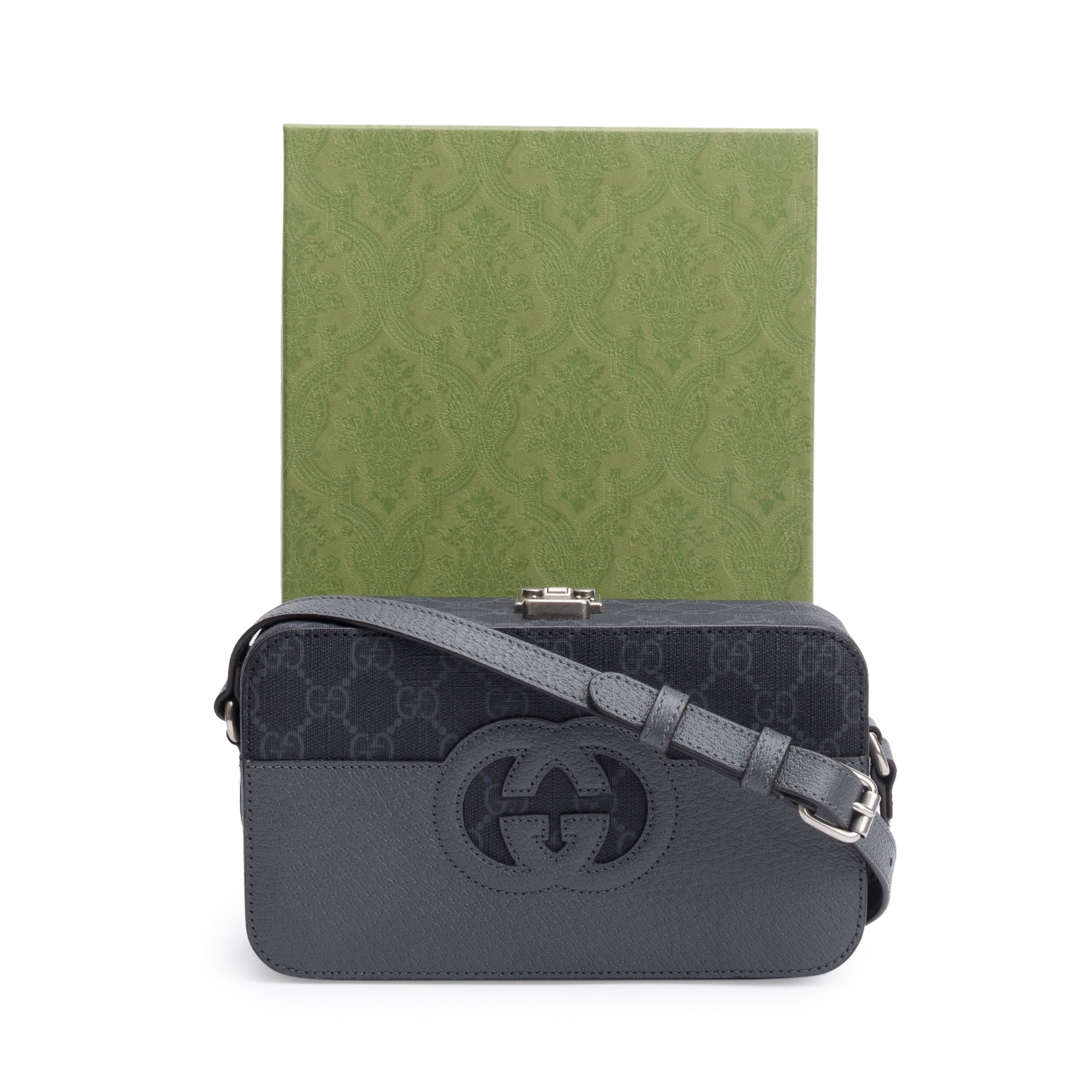 Gucci Black GG Supreme Grey Dollar Textured Leather Mini New Basket Crossbody Bag w/ Box