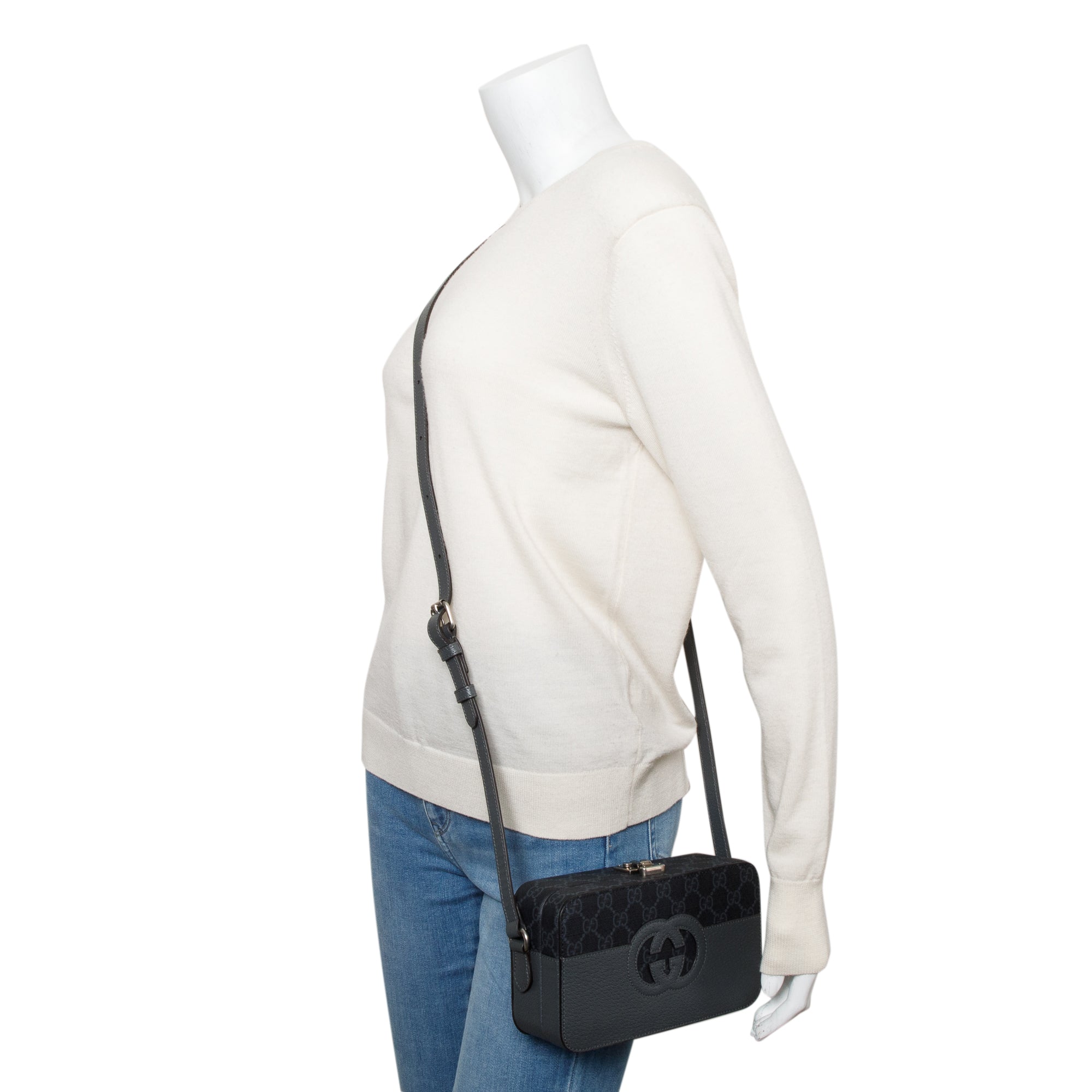 Gucci Black GG Supreme Grey Dollar Textured Leather Mini New Basket Crossbody Bag w/ Box