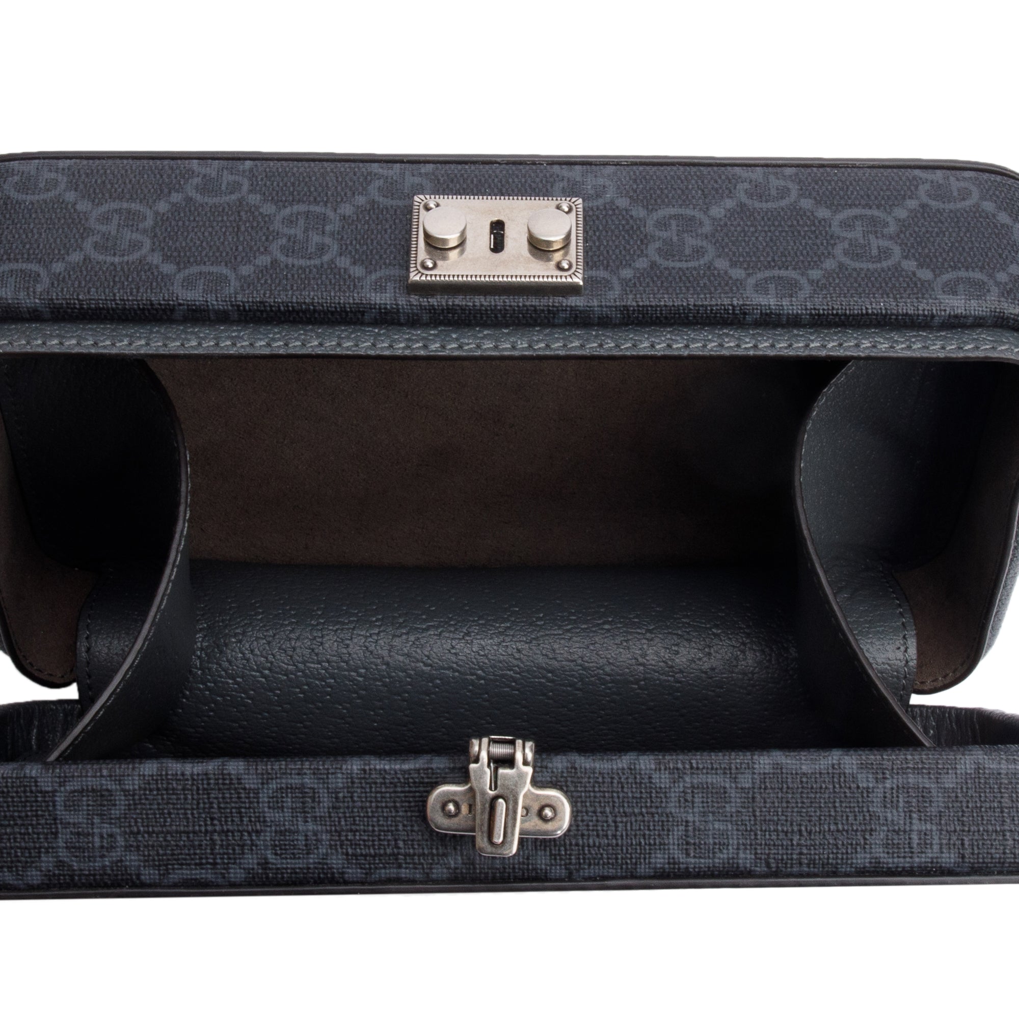 Gucci Black GG Supreme Grey Dollar Textured Leather Mini New Basket Crossbody Bag w/ Box