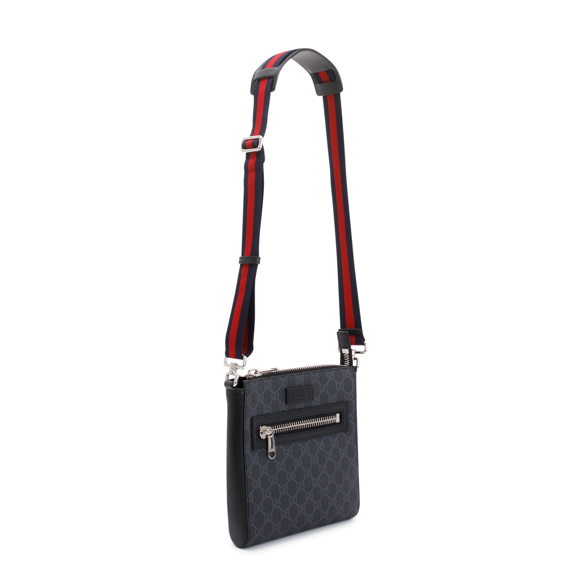 Gucci Black GG Supreme Monogram Web Flat Small Messenger Bag w/ Box