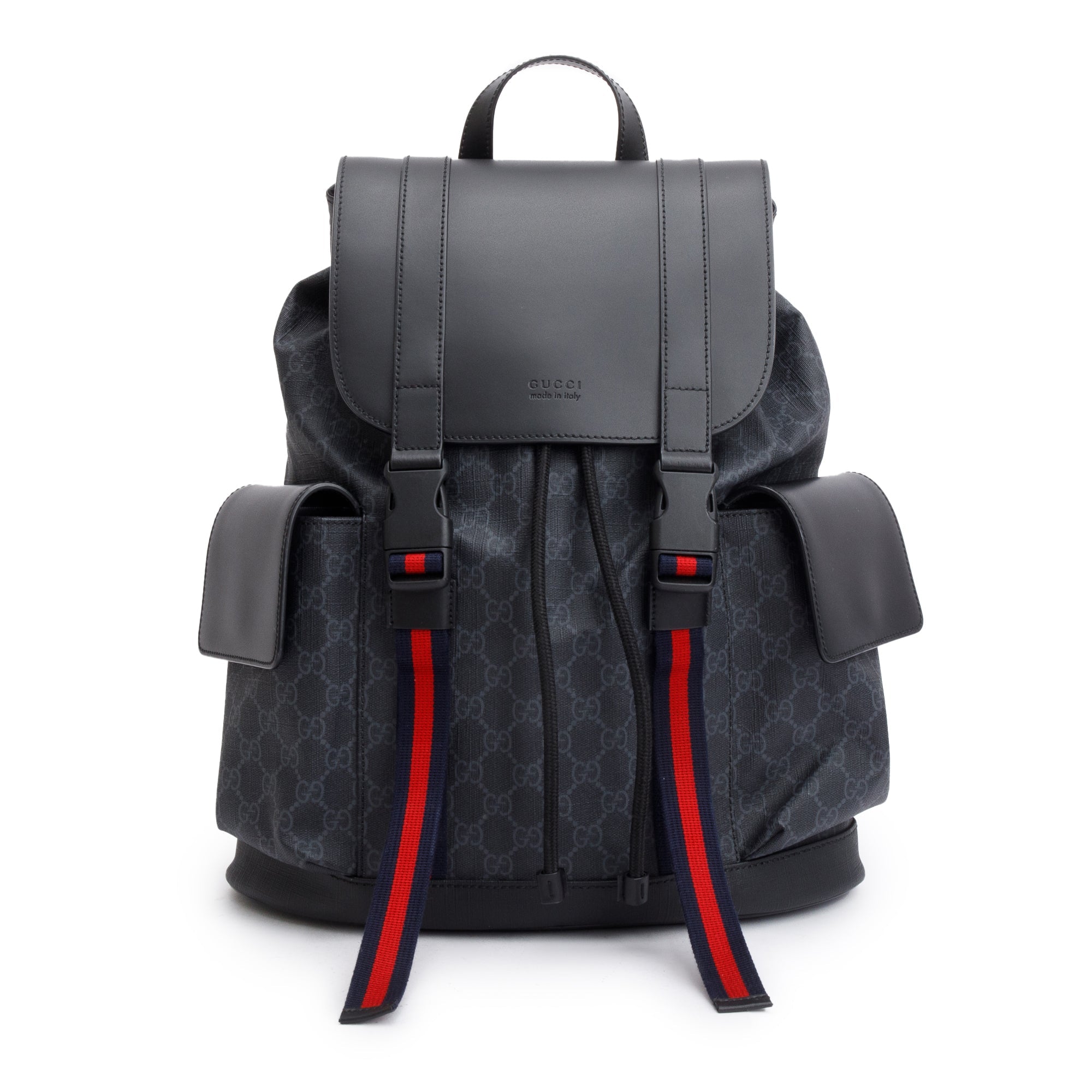Gucci Black GG Supreme Soft Double Buckle Backpack
