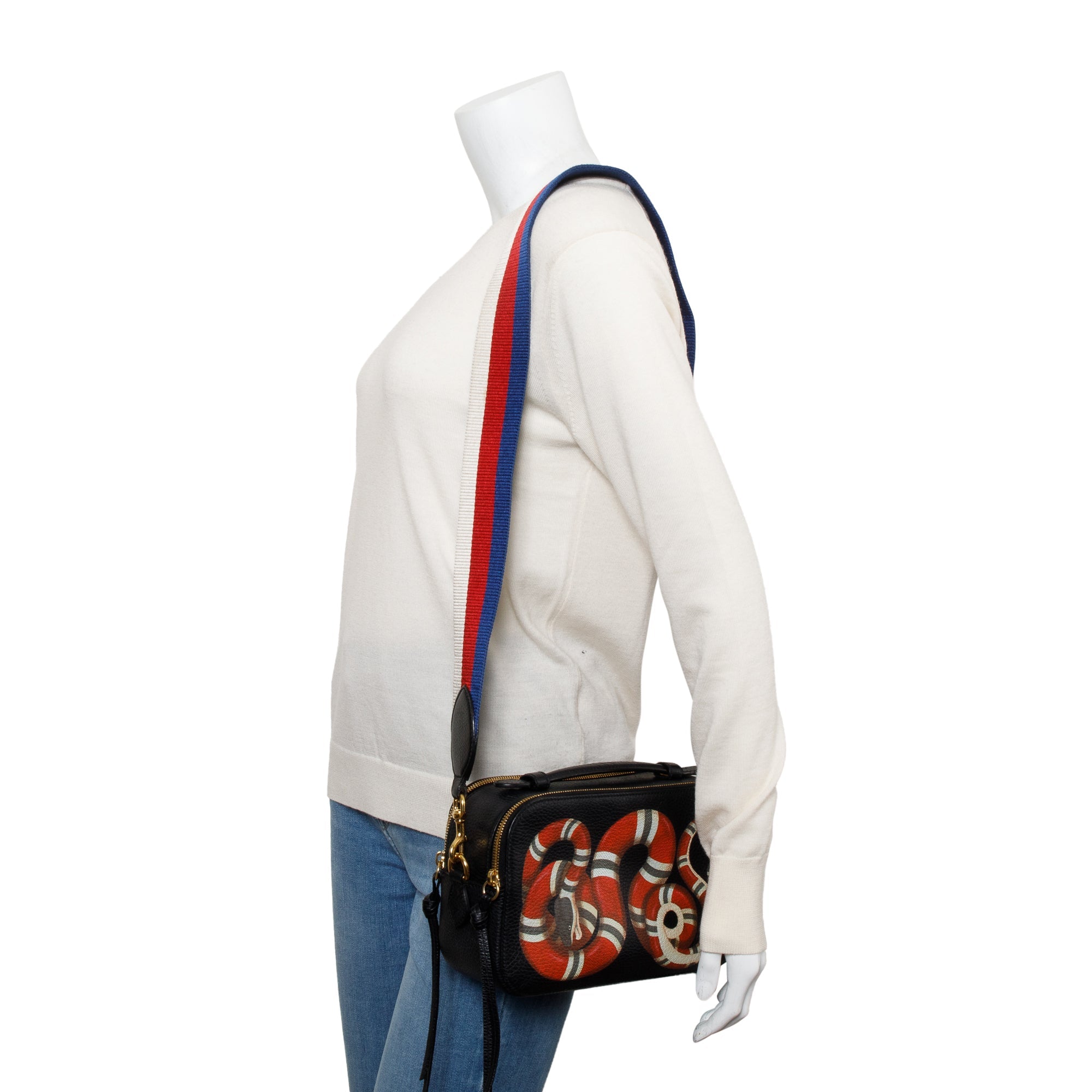 Gucci Black Grained Calfskin Leather Sylvie Web Kingsnake Small Camera Bag w/ Strap