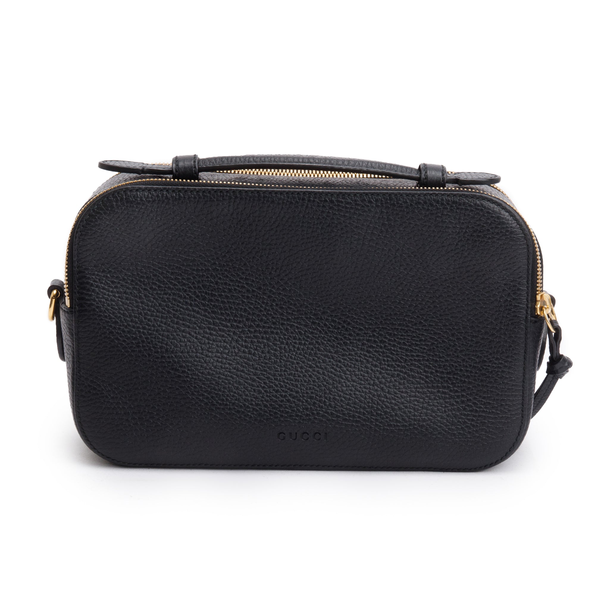 Gucci Black Grained Calfskin Leather Sylvie Web Kingsnake Small Camera Bag w/ Strap