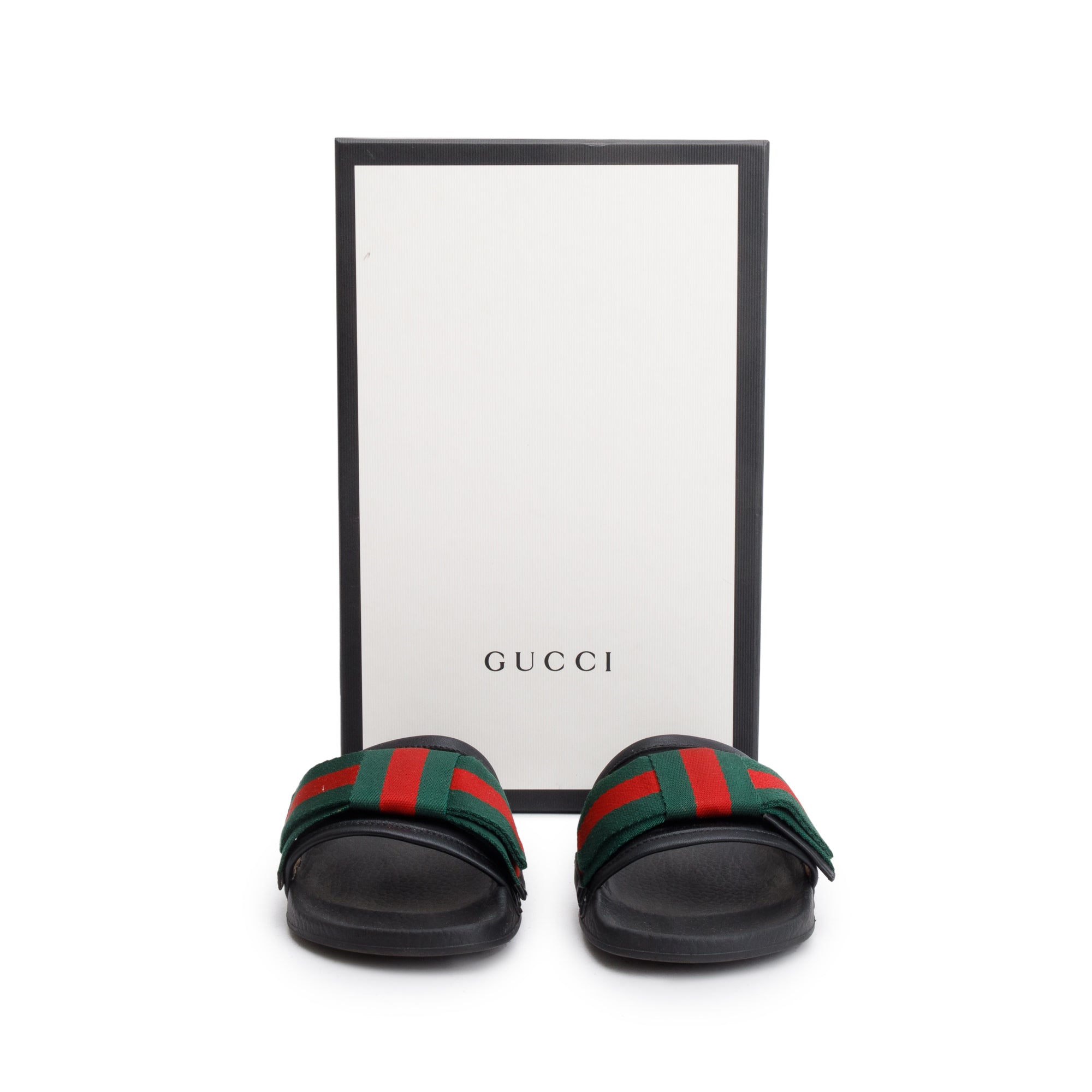 Gucci Black, Green & Red Satin Bow Web Accent Rubber Slides, Size 35 w/ Box & Receipt