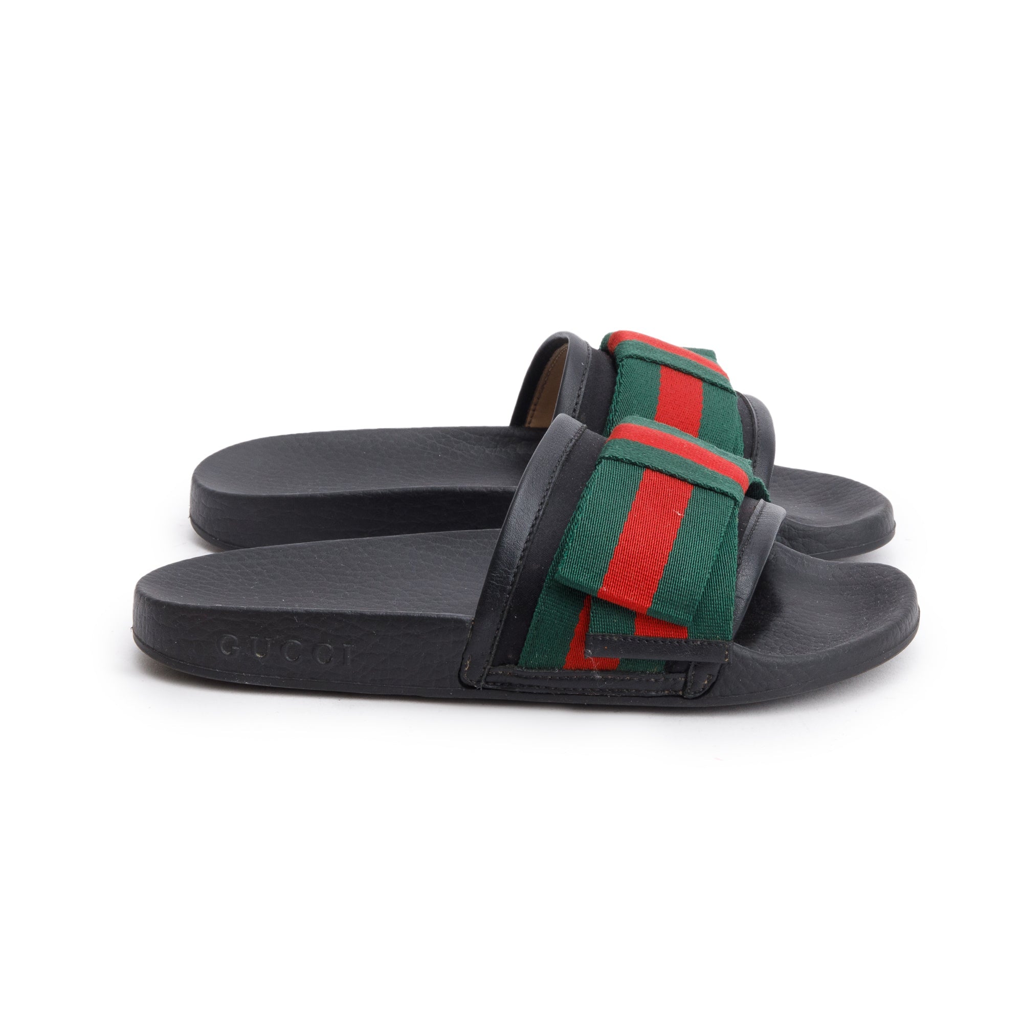 Gucci Black, Green & Red Satin Bow Web Accent Rubber Slides, Size 35 w/ Box & Receipt