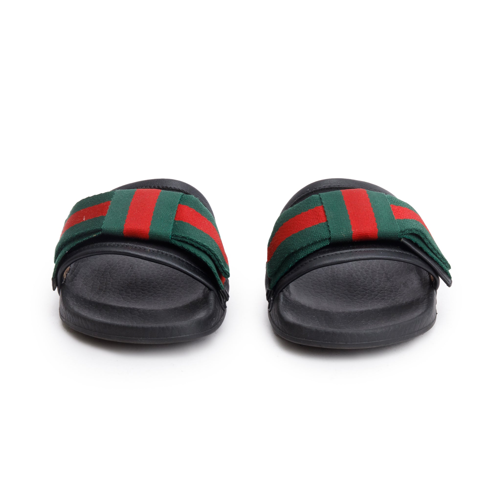 Gucci Black, Green & Red Satin Bow Web Accent Rubber Slides, Size 35 w/ Box & Receipt