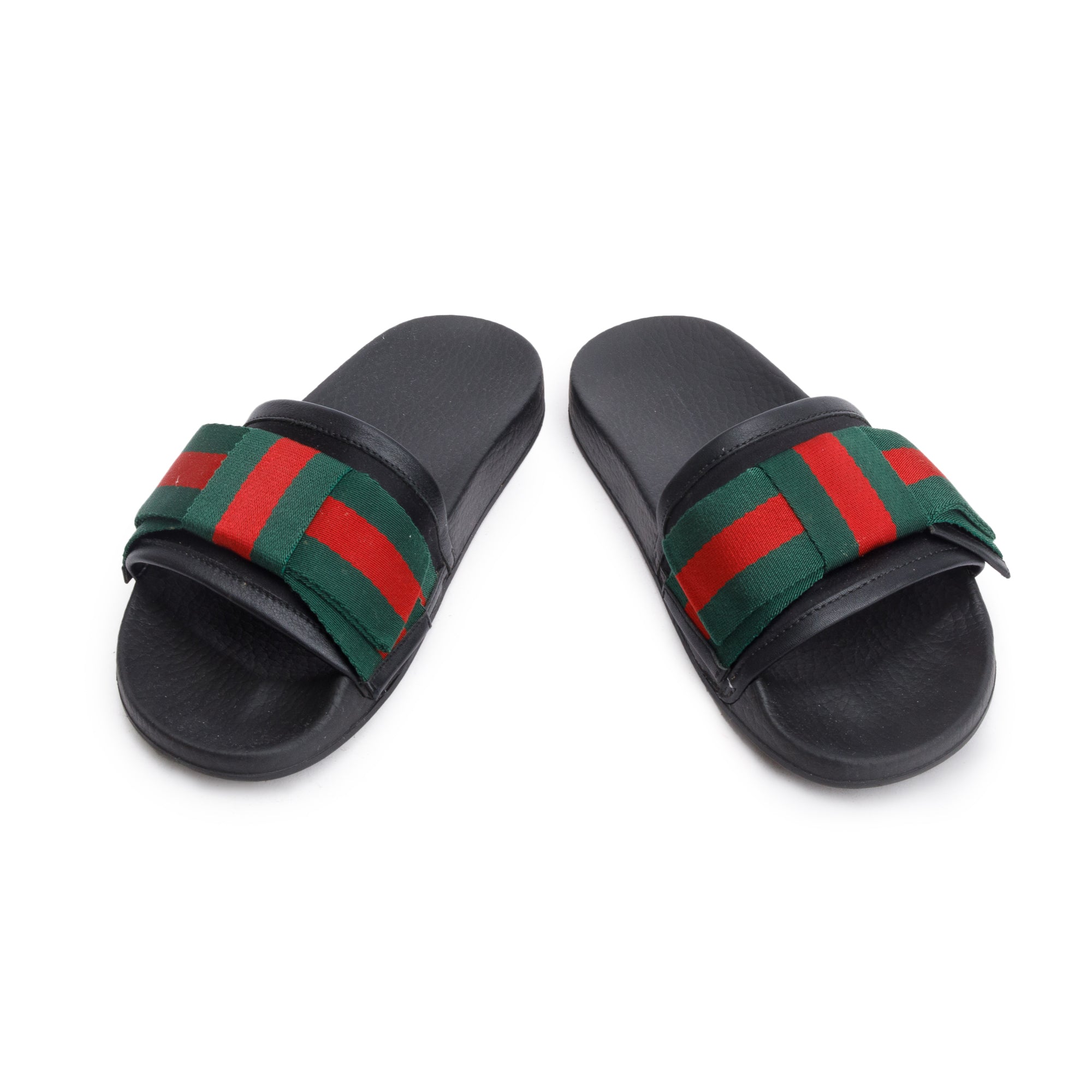 Gucci Black, Green & Red Satin Bow Web Accent Rubber Slides, Size 35 w/ Box & Receipt