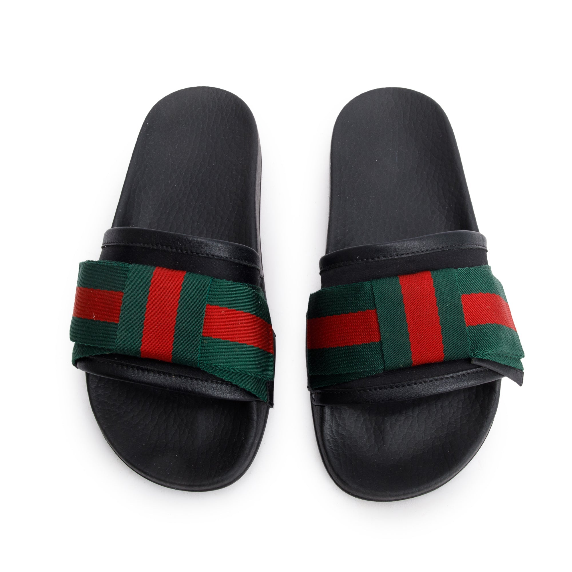 Gucci Black, Green & Red Satin Bow Web Accent Rubber Slides, Size 35 w/ Box & Receipt