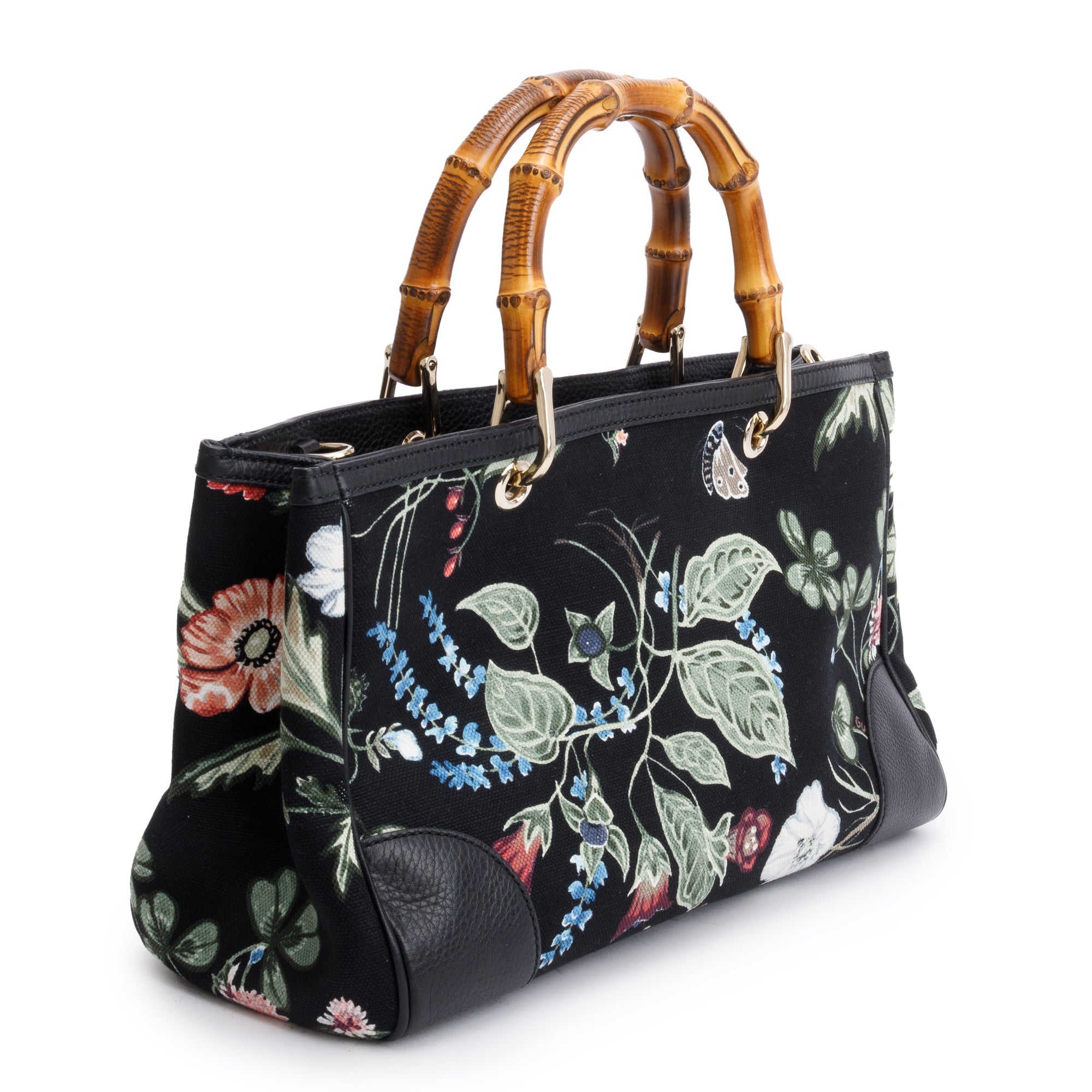 Gucci Black Knight Flora Canvas Medium Bamboo Shopper Tote w/ Strap