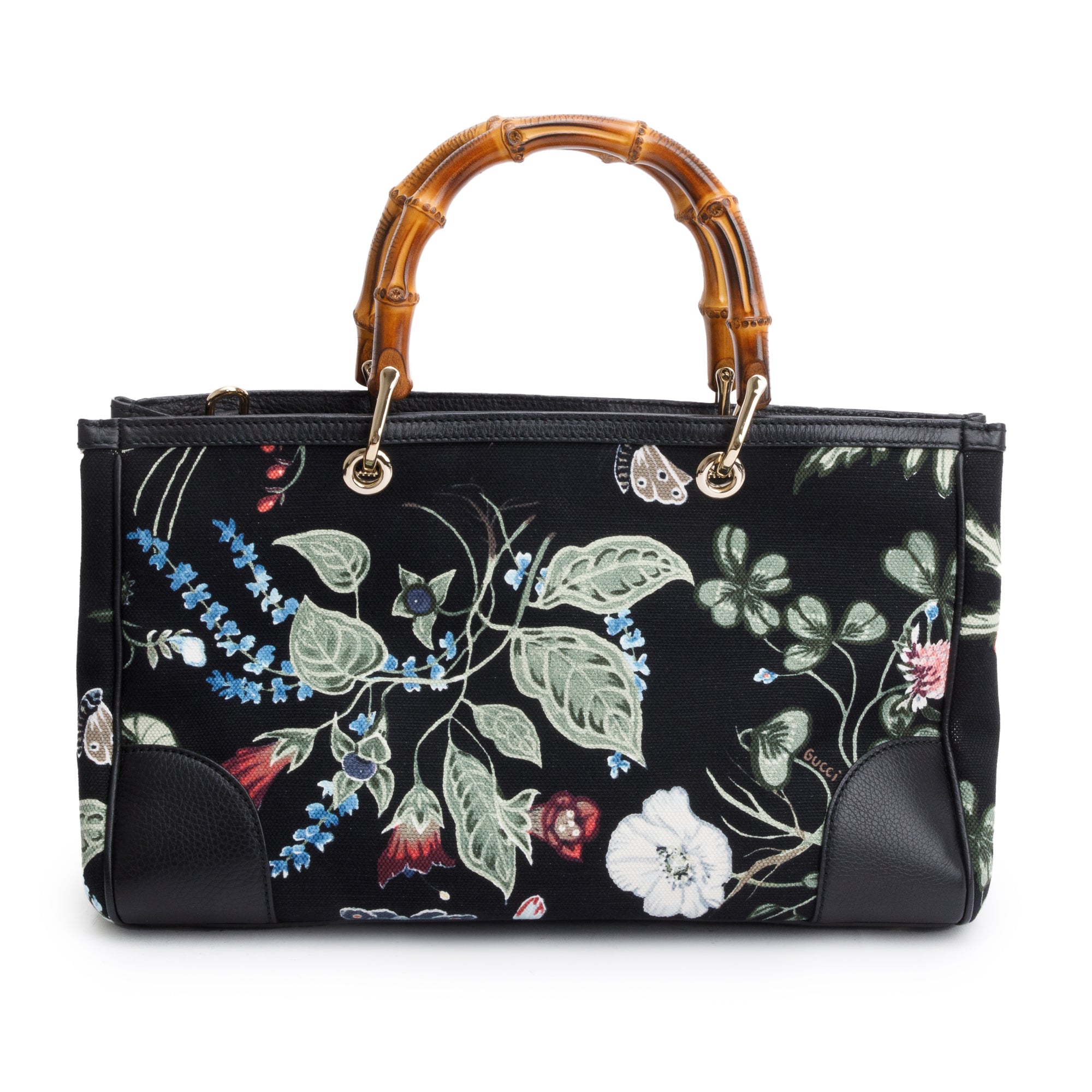 Gucci Black Knight Flora Canvas Medium Bamboo Shopper Tote w/ Strap