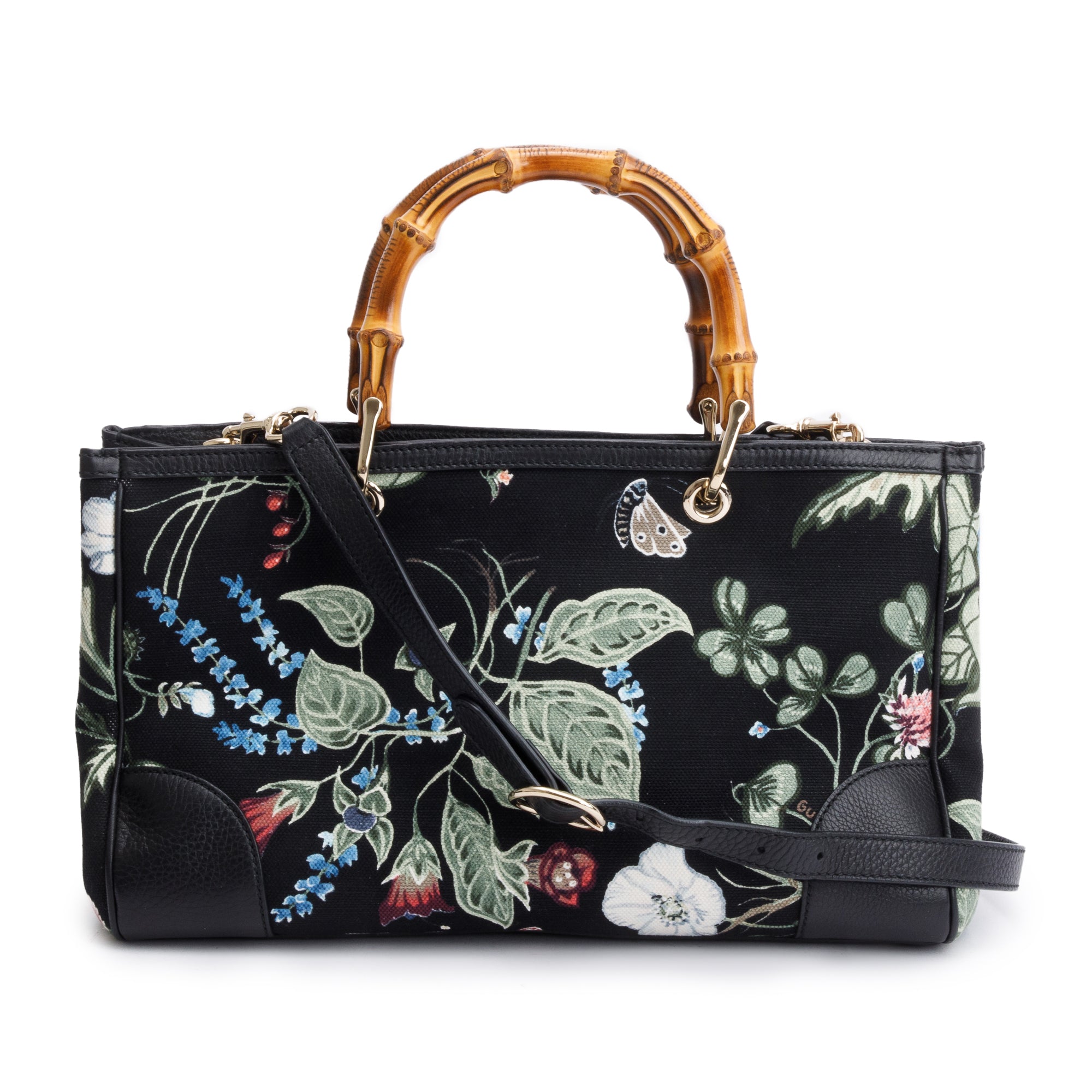 Gucci Black Knight Flora Canvas Medium Bamboo Shopper Tote w/ Strap