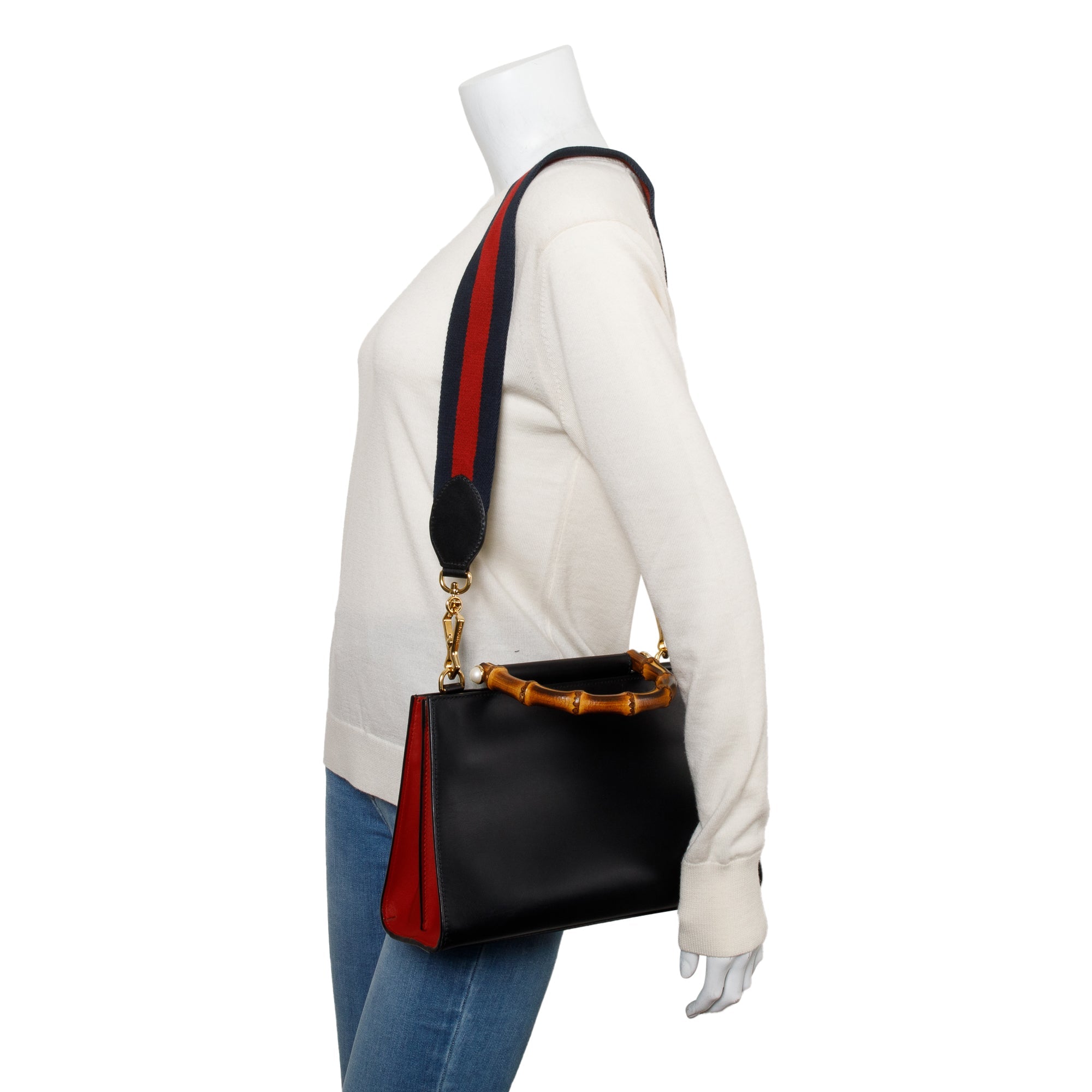 Gucci Black Leather Bamboo Small Nymphaea Handle Bag w/ Strap