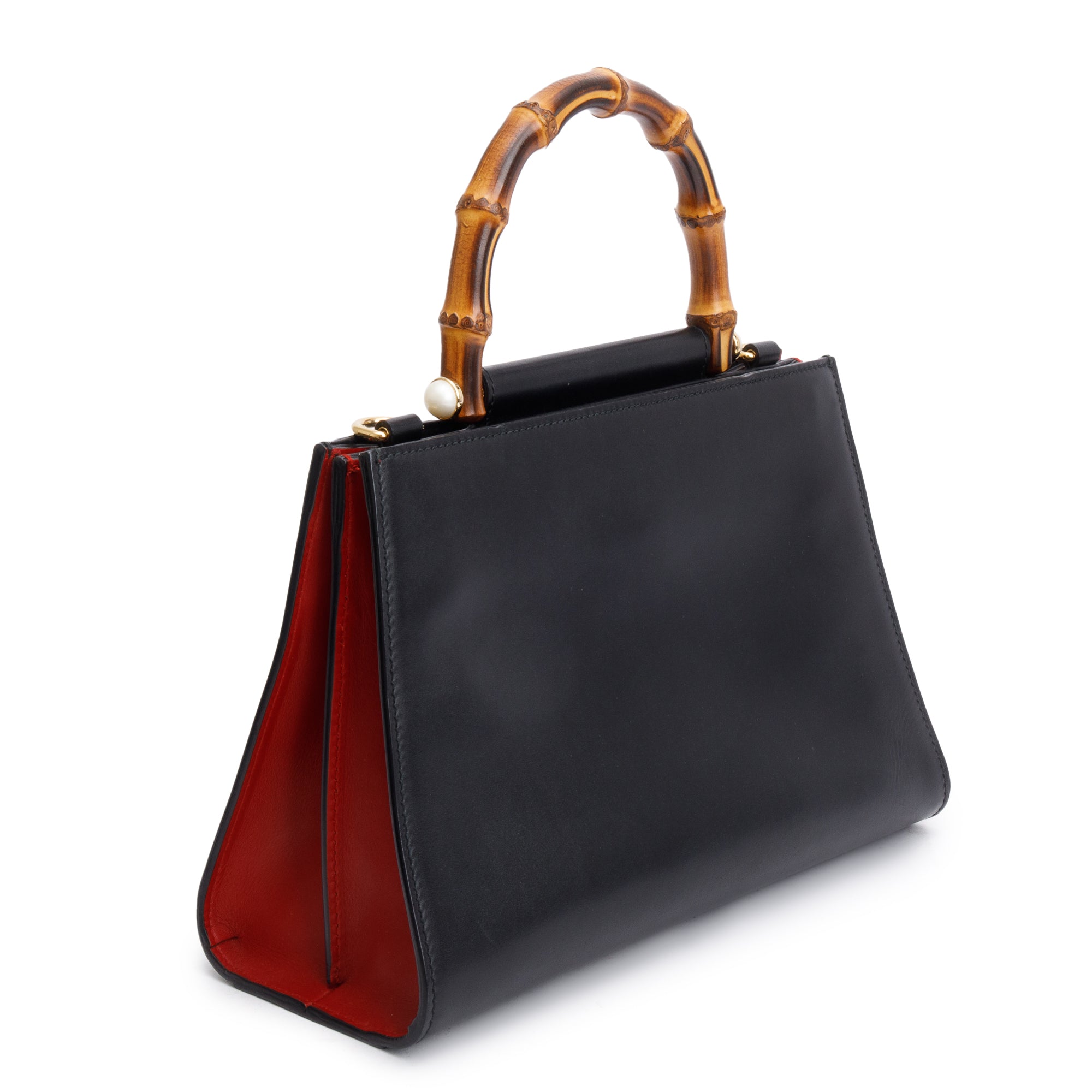 Gucci Black Leather Bamboo Small Nymphaea Handle Bag w/ Strap