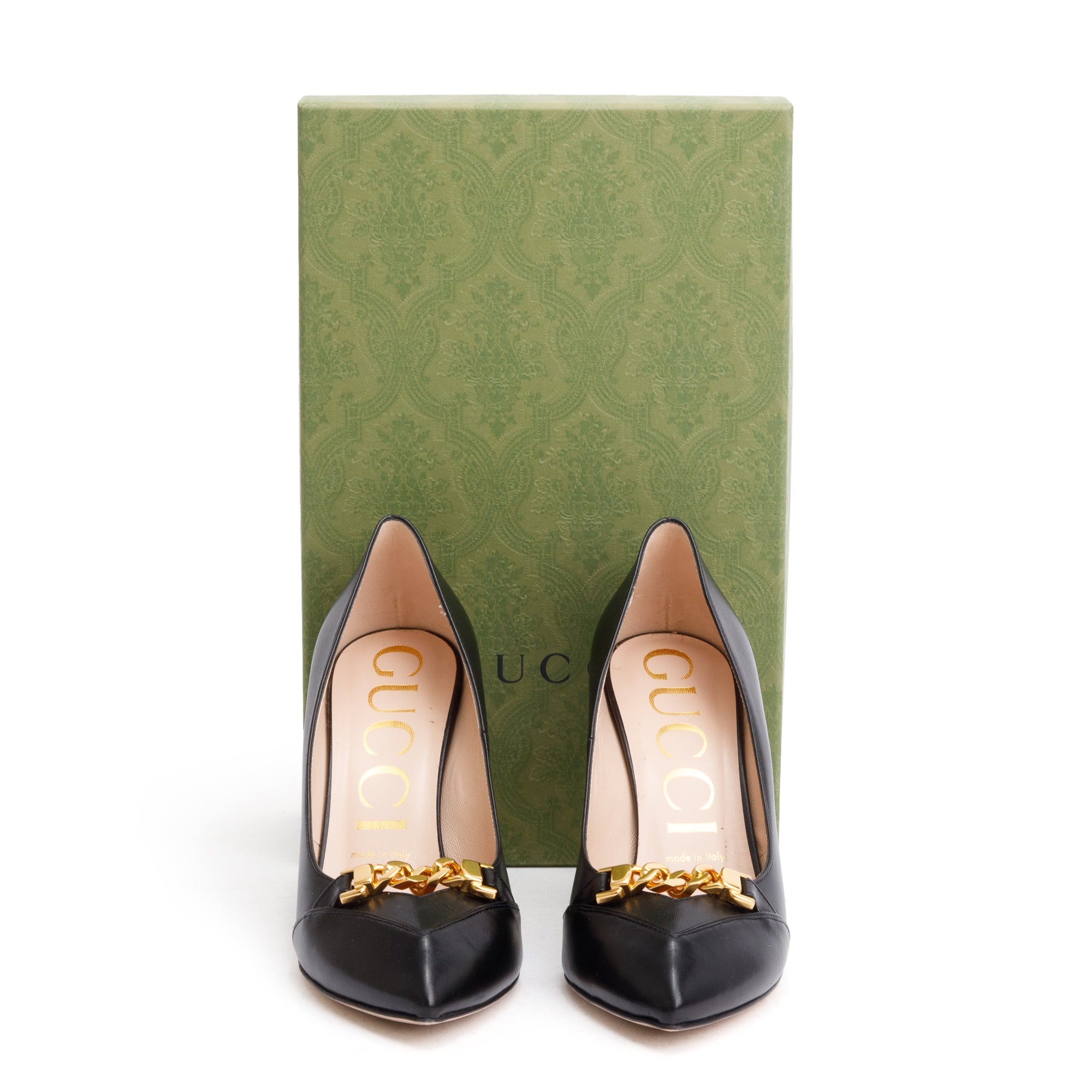 Gucci Black Leather Chain Link Accent Pumps, Size 38 w/ Box