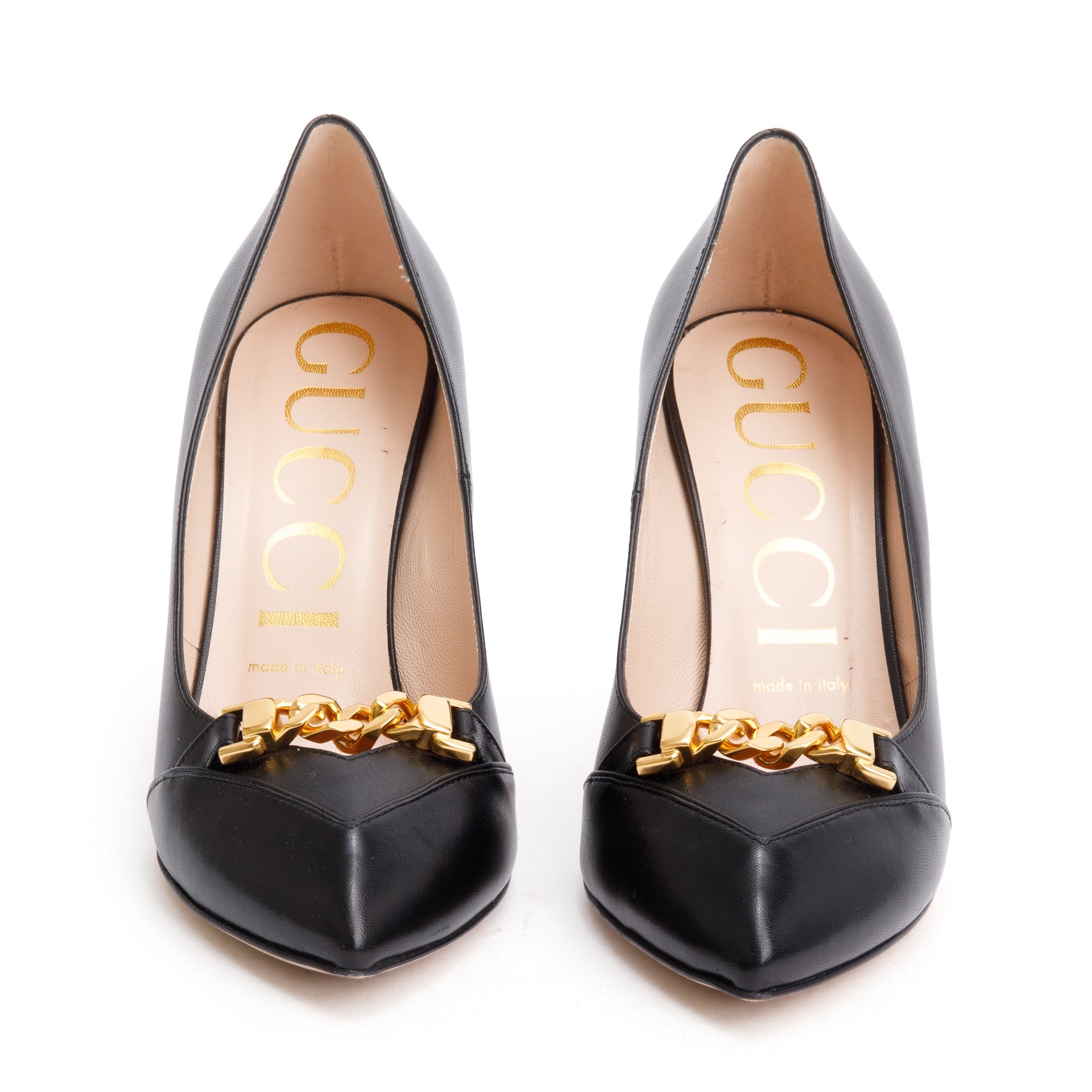 Gucci Black Leather Chain Link Accent Pumps, Size 38 w/ Box