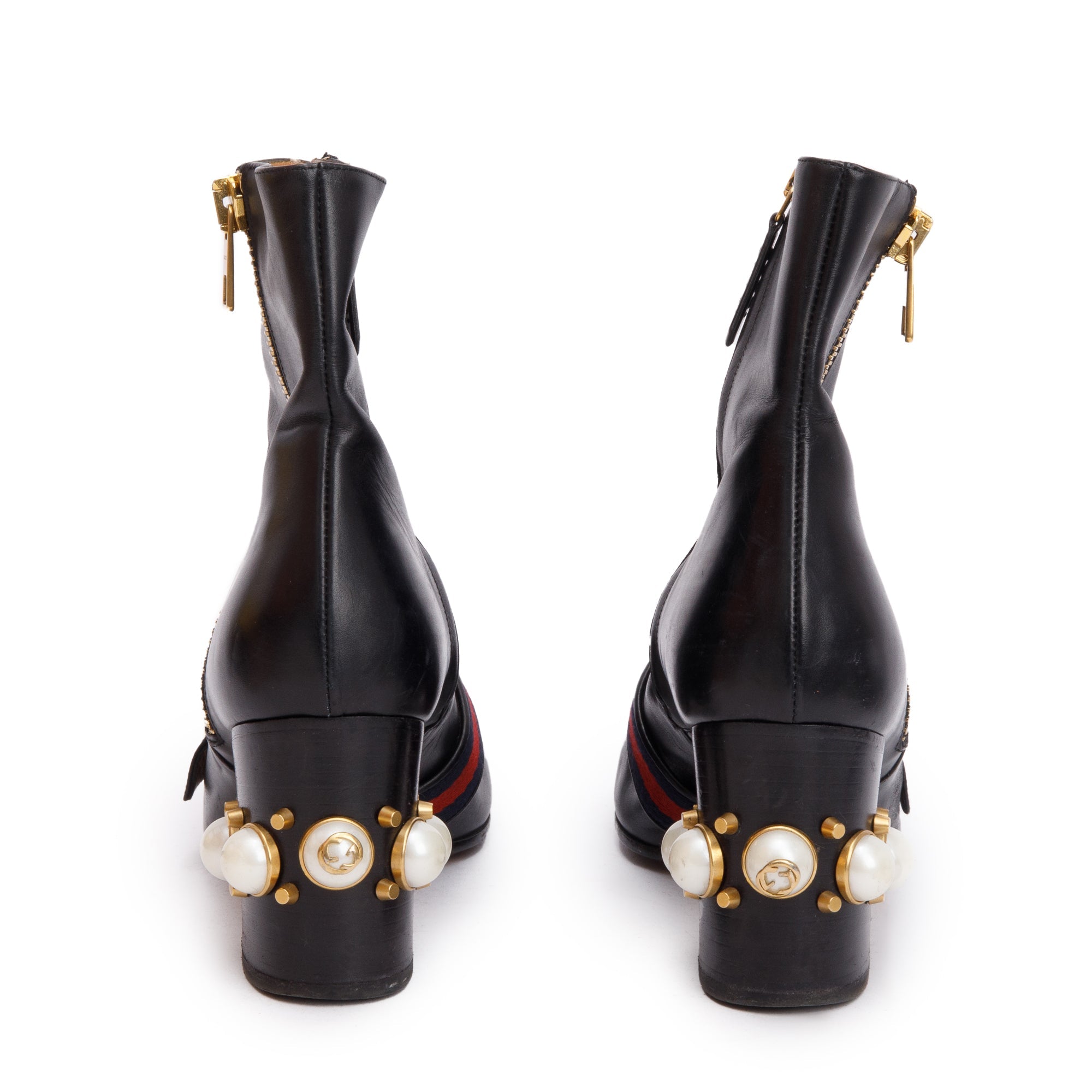 Gucci Black Leather Faux Pearl Accent GG Web Boots, Size 40