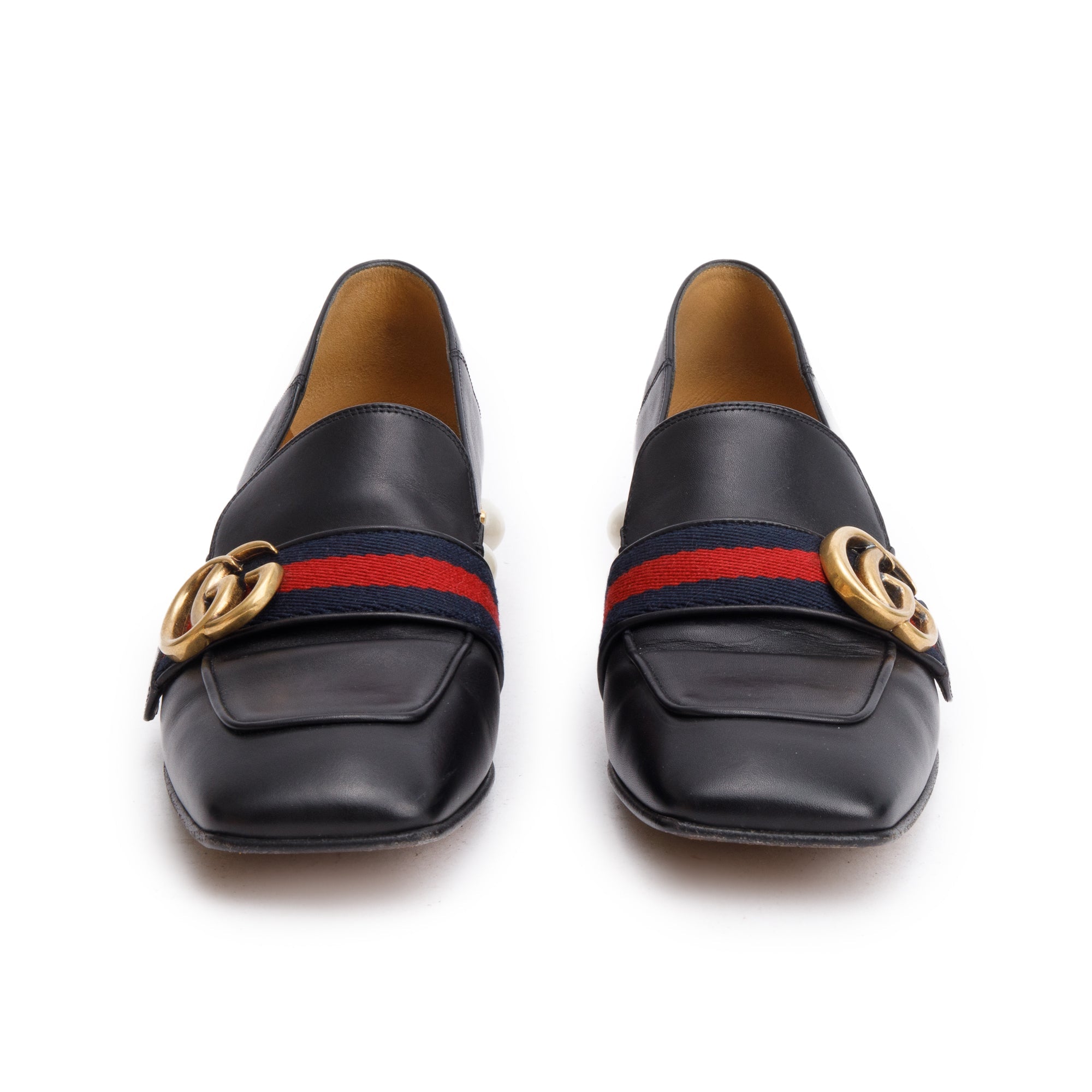 Gucci Black Leather Faux Pearl Studded Accent GG Peyton Web Pumps, Size 37.5 w/ Box