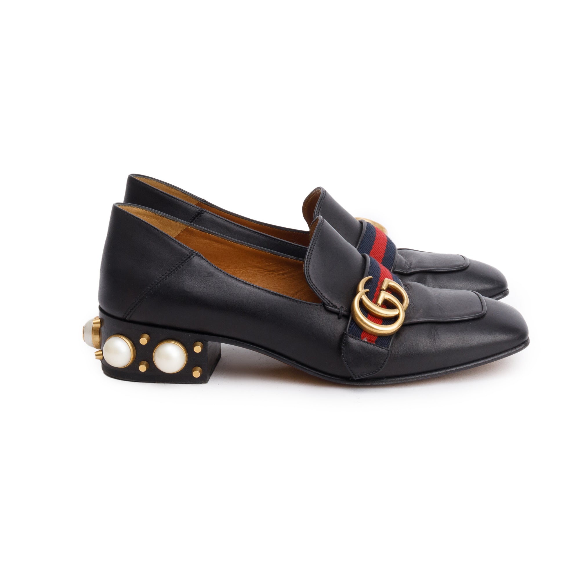 Gucci Black Leather Faux Pearl Studded Accent GG Peyton Web Pumps, Size 37.5 w/ Box