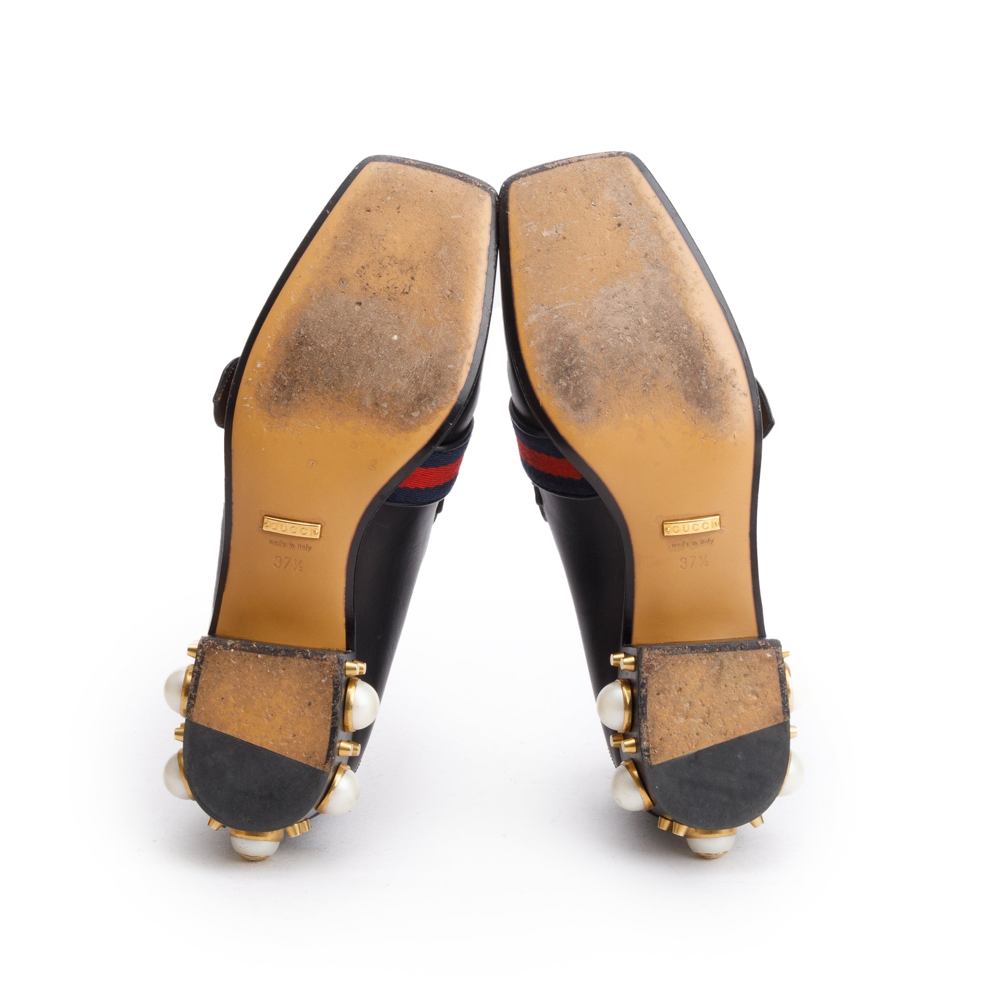 Gucci Black Leather Faux Pearl Studded Accent GG Peyton Web Pumps, Size 37.5 w/ Box