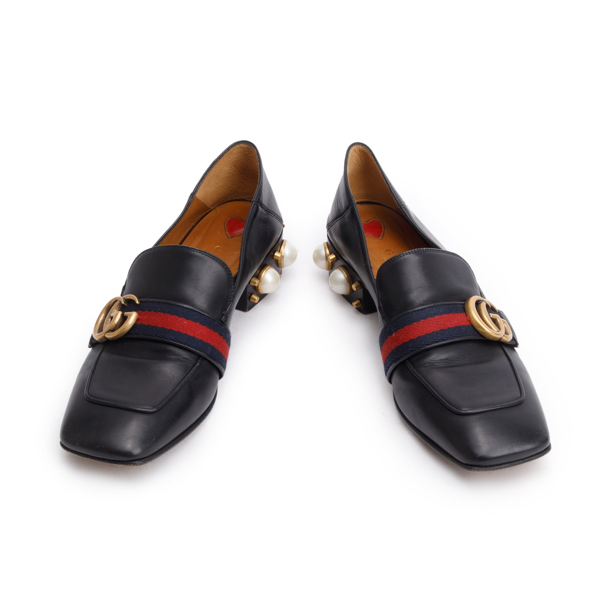 Gucci Black Leather Faux Pearl Studded Accent GG Web Pumps, Size 37.5