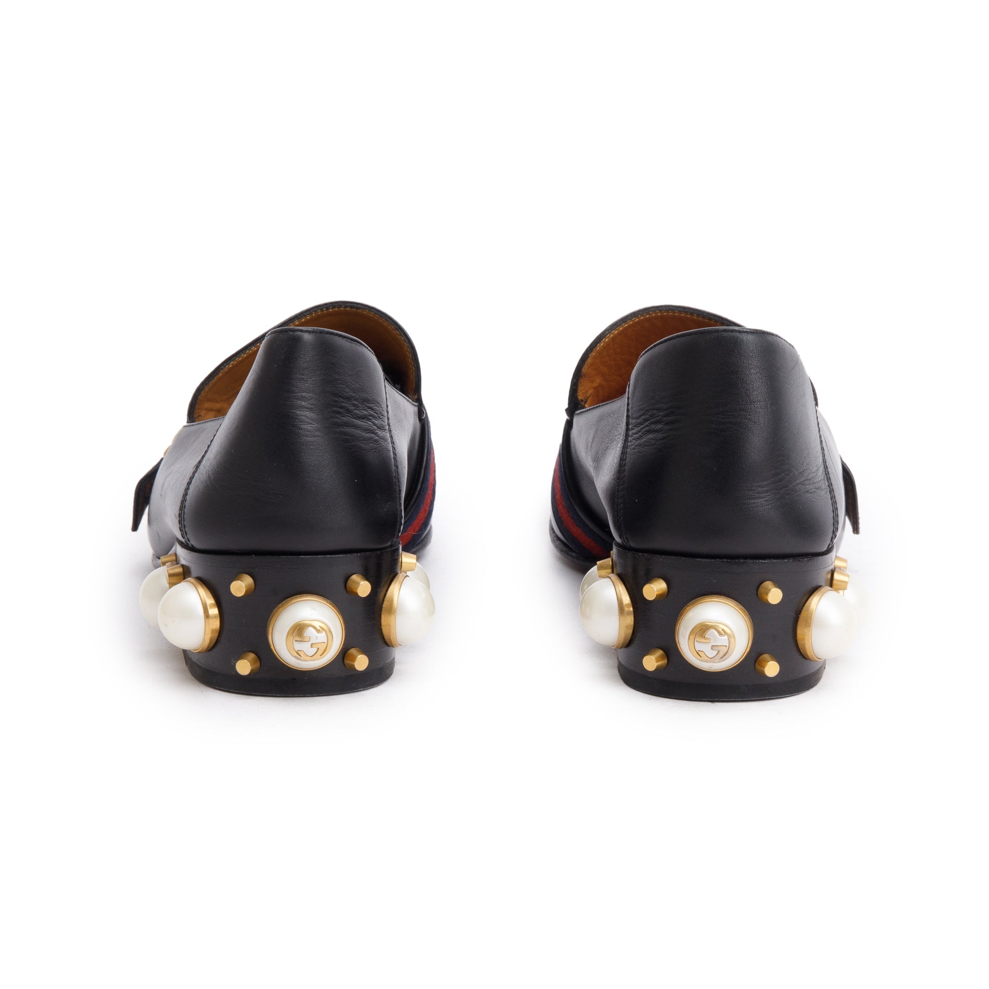 Gucci Black Leather Faux Pearl Studded Accent GG Web Pumps, Size 37.5