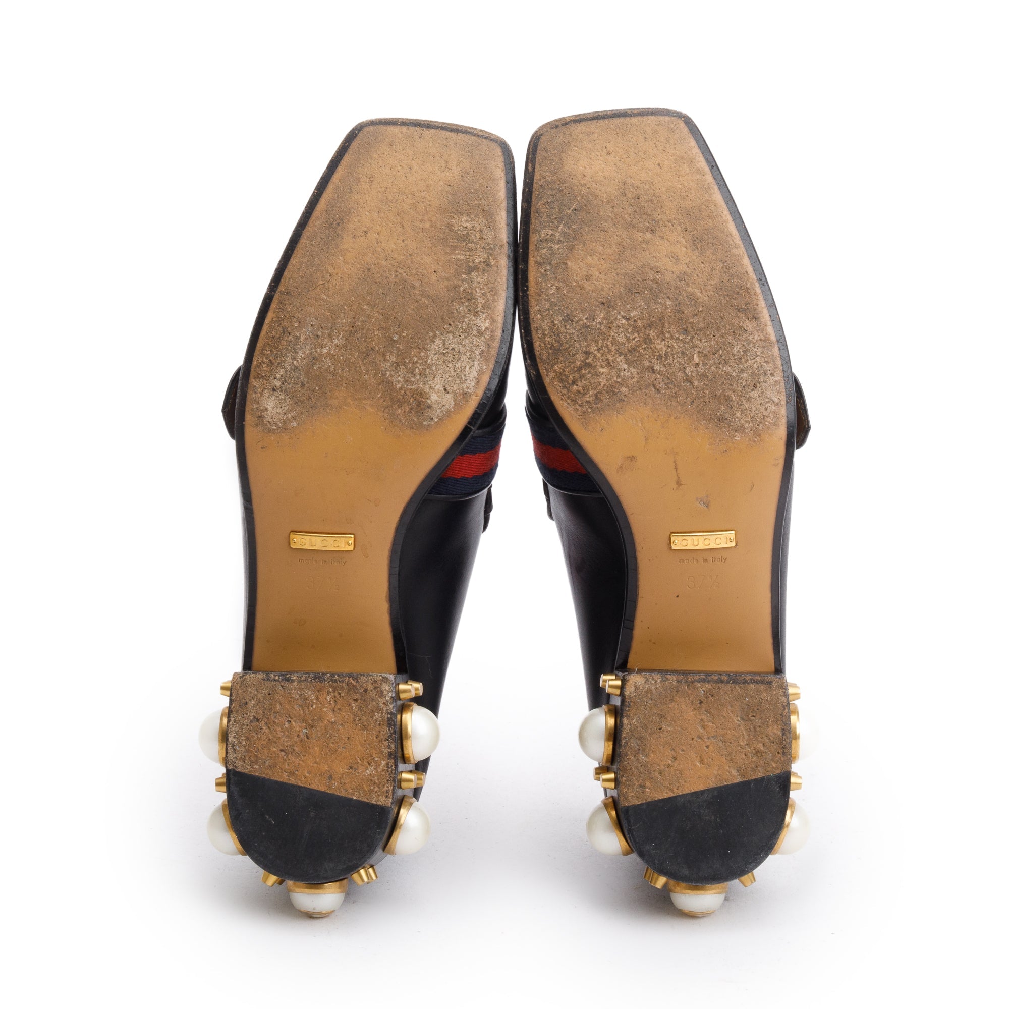Gucci Black Leather Faux Pearl Studded Accent GG Web Pumps, Size 37.5