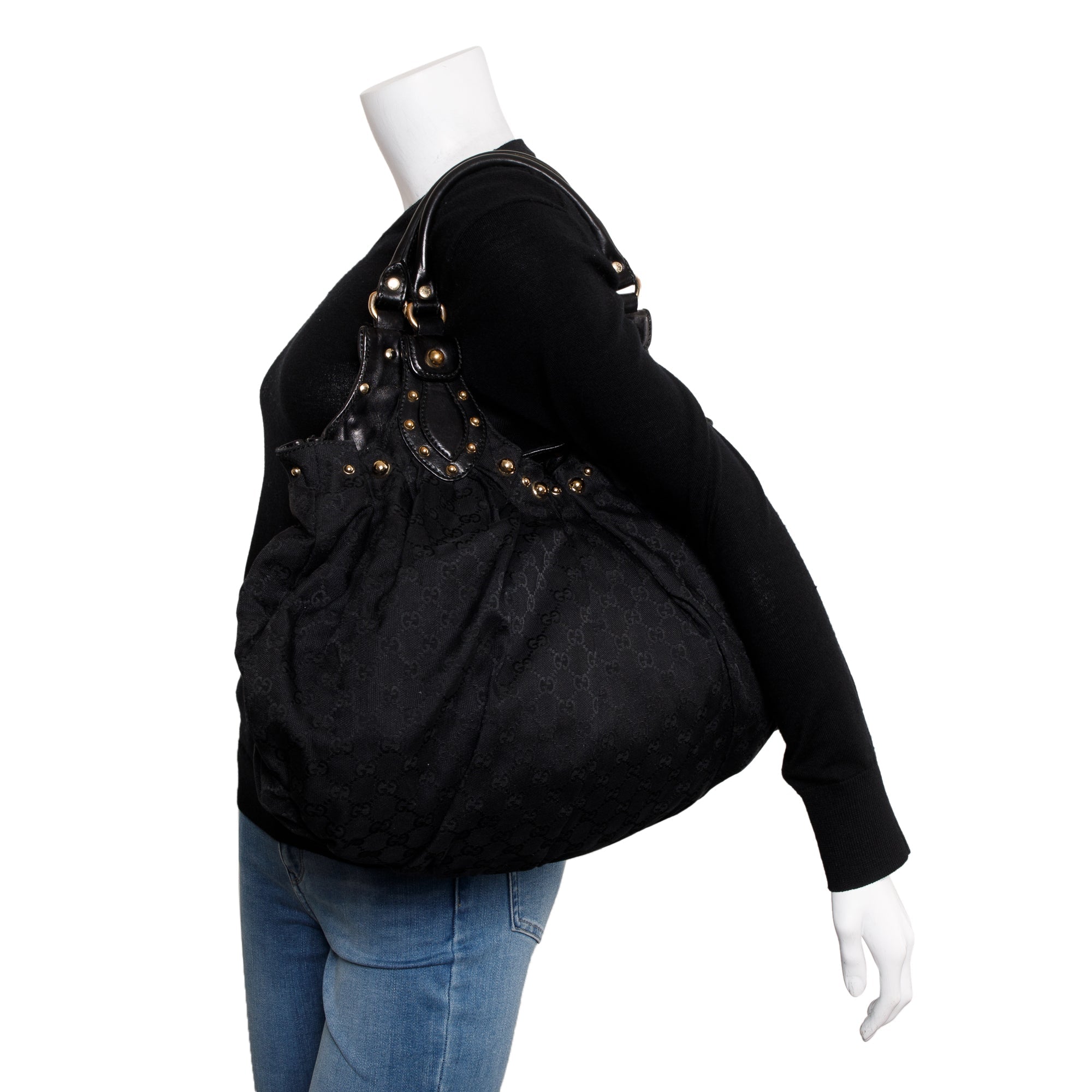 Gucci Black Leather GG Canvas Medium Studded Pelham Bag