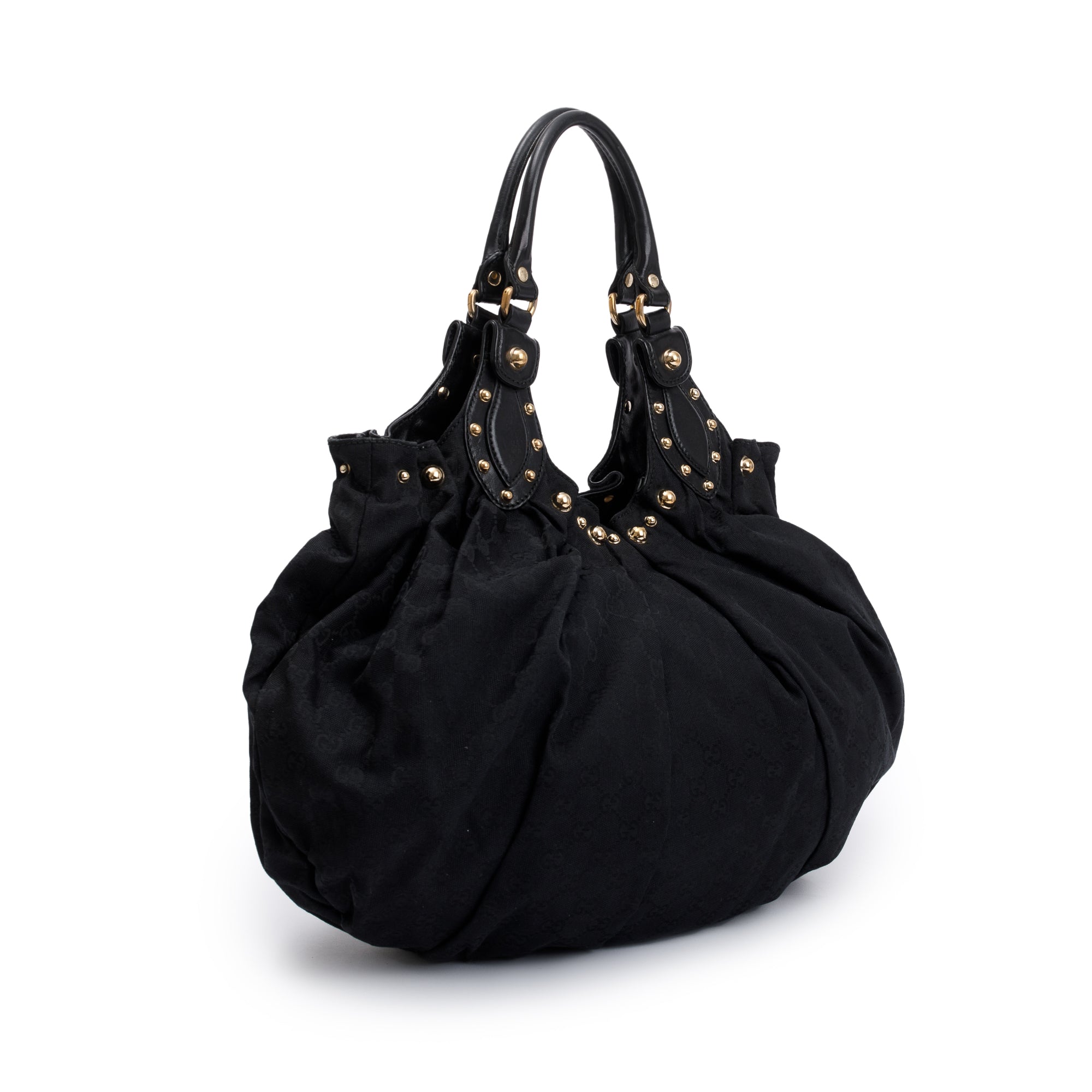 Gucci Black Leather GG Canvas Medium Studded Pelham Bag