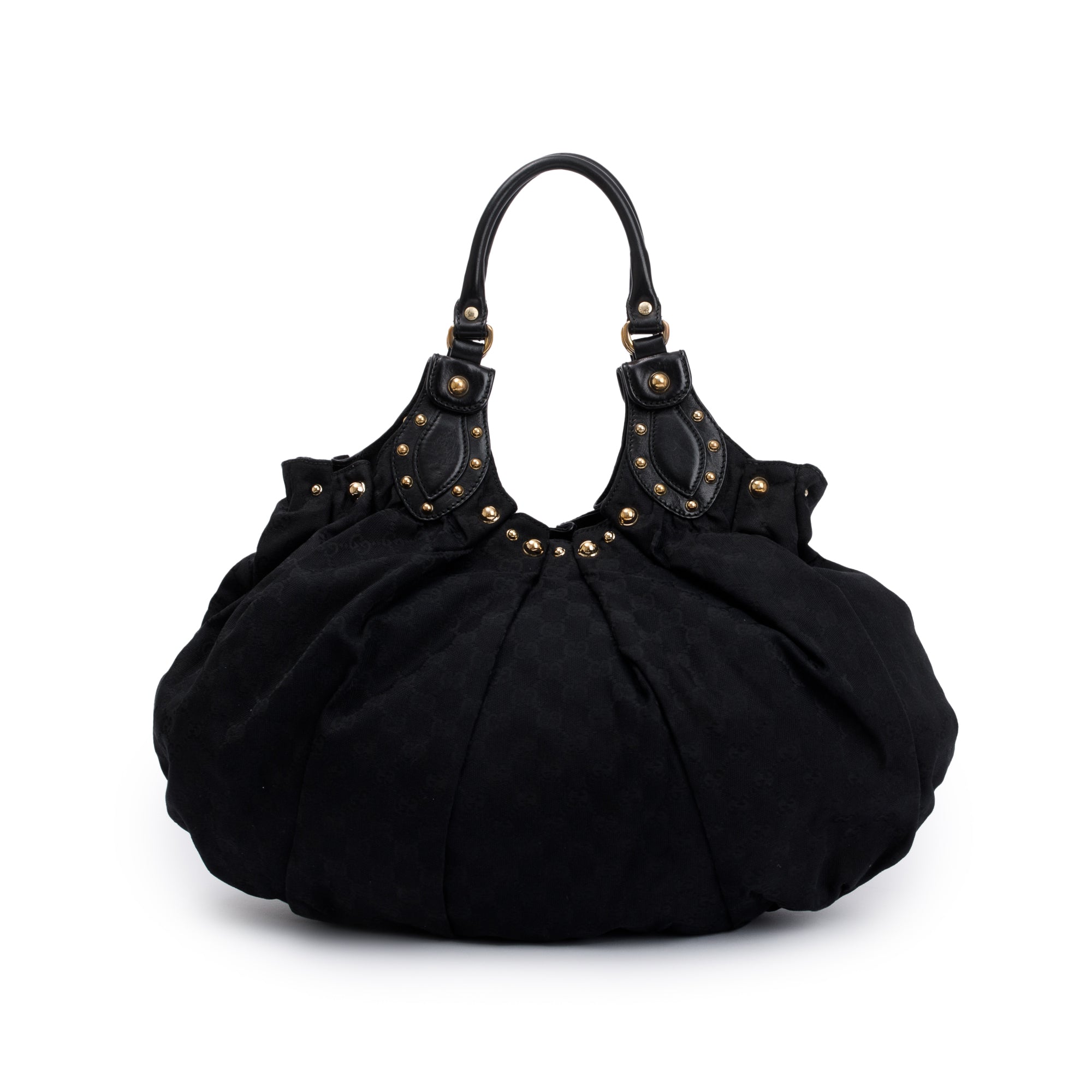 Gucci Black Leather GG Canvas Medium Studded Pelham Bag