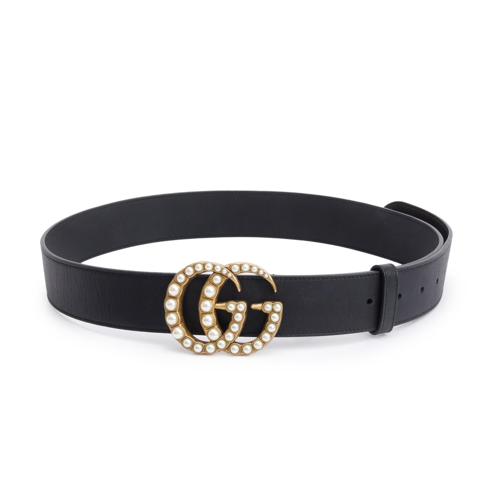 Gucci Black Leather GG Marmont Wide Belt With Pearls 100 40