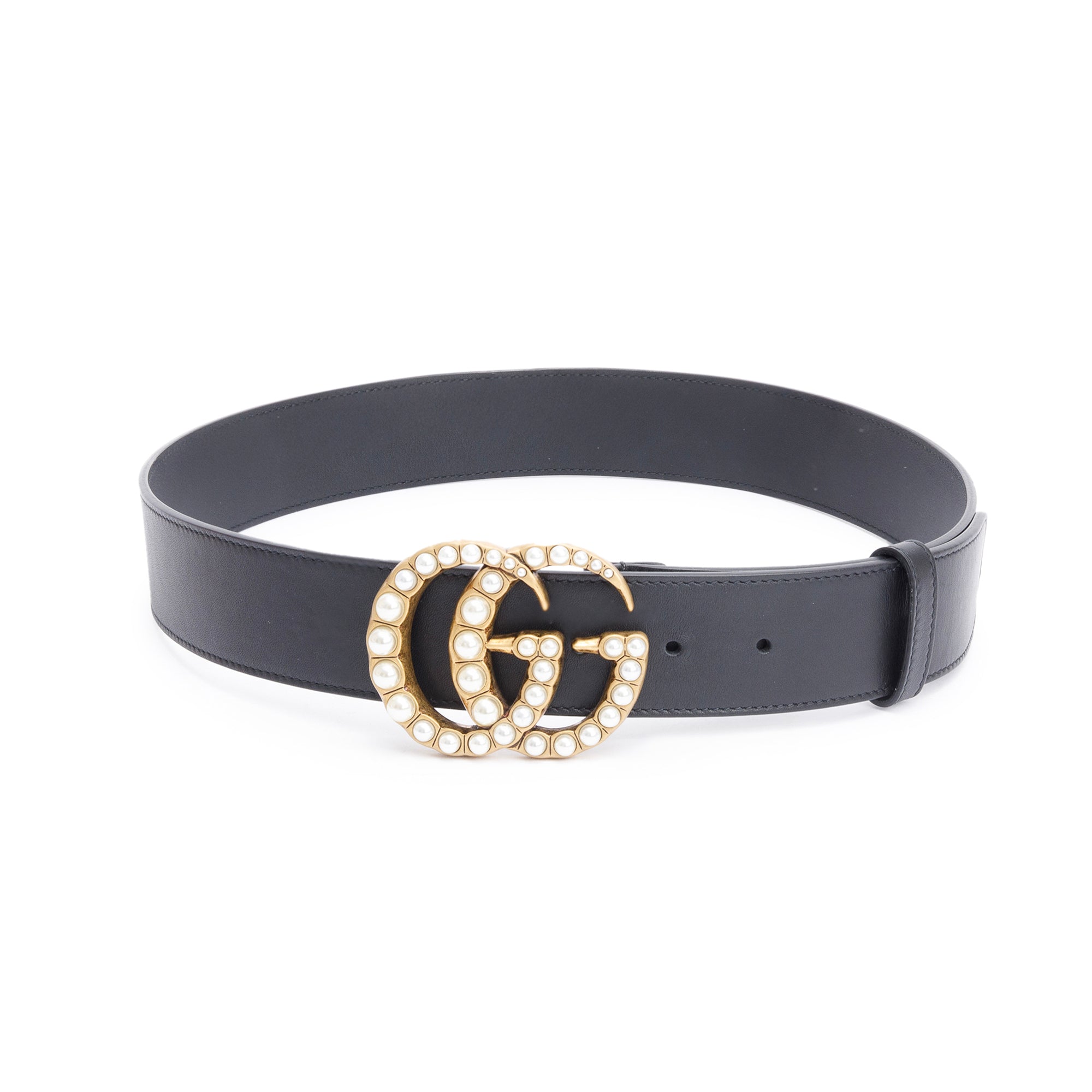 Gucci Black Leather GG Marmont Wide Belt With Pearls 85 34