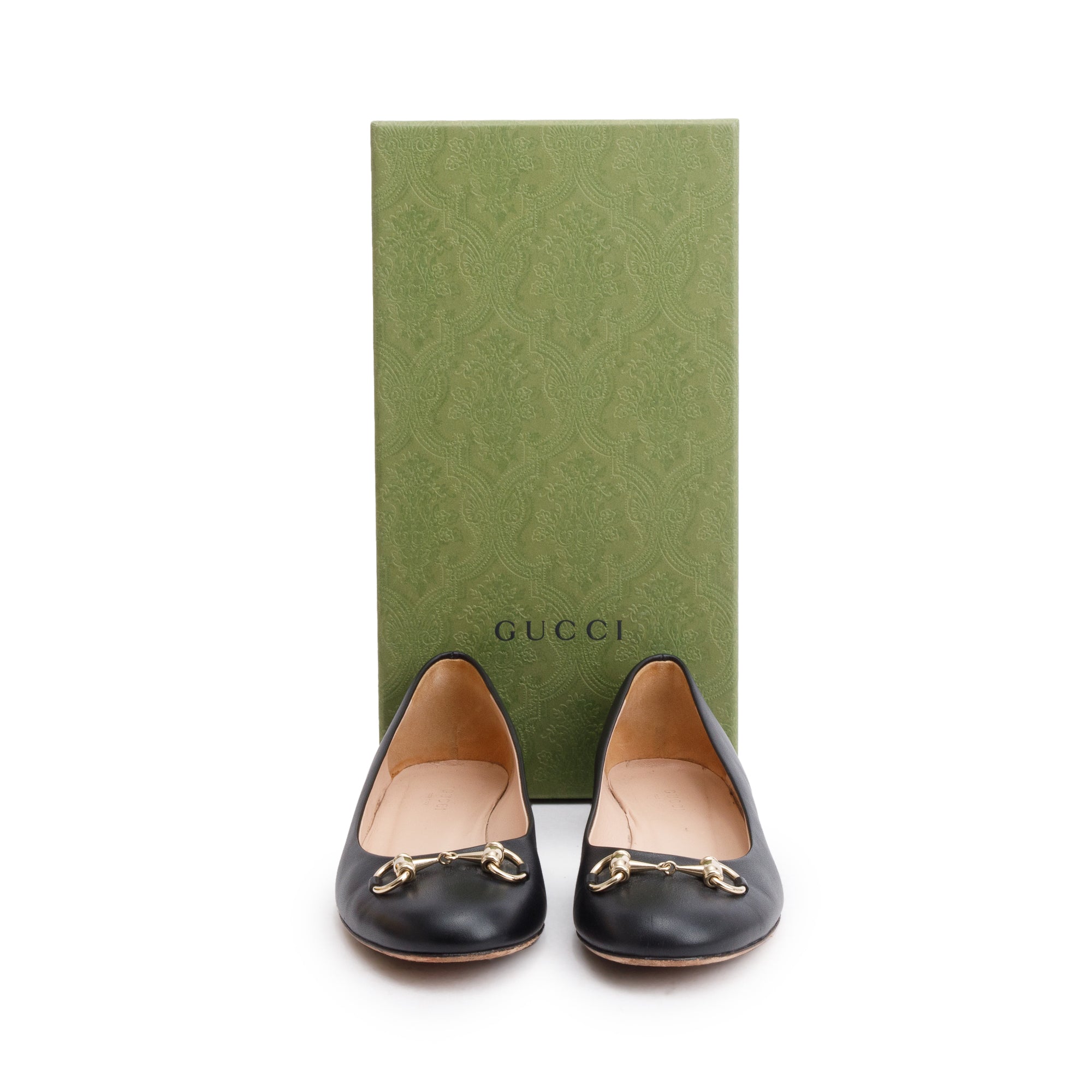 Gucci Black Leather Horsebit Accent Ballet Flats, Size 37.5 w/ Box