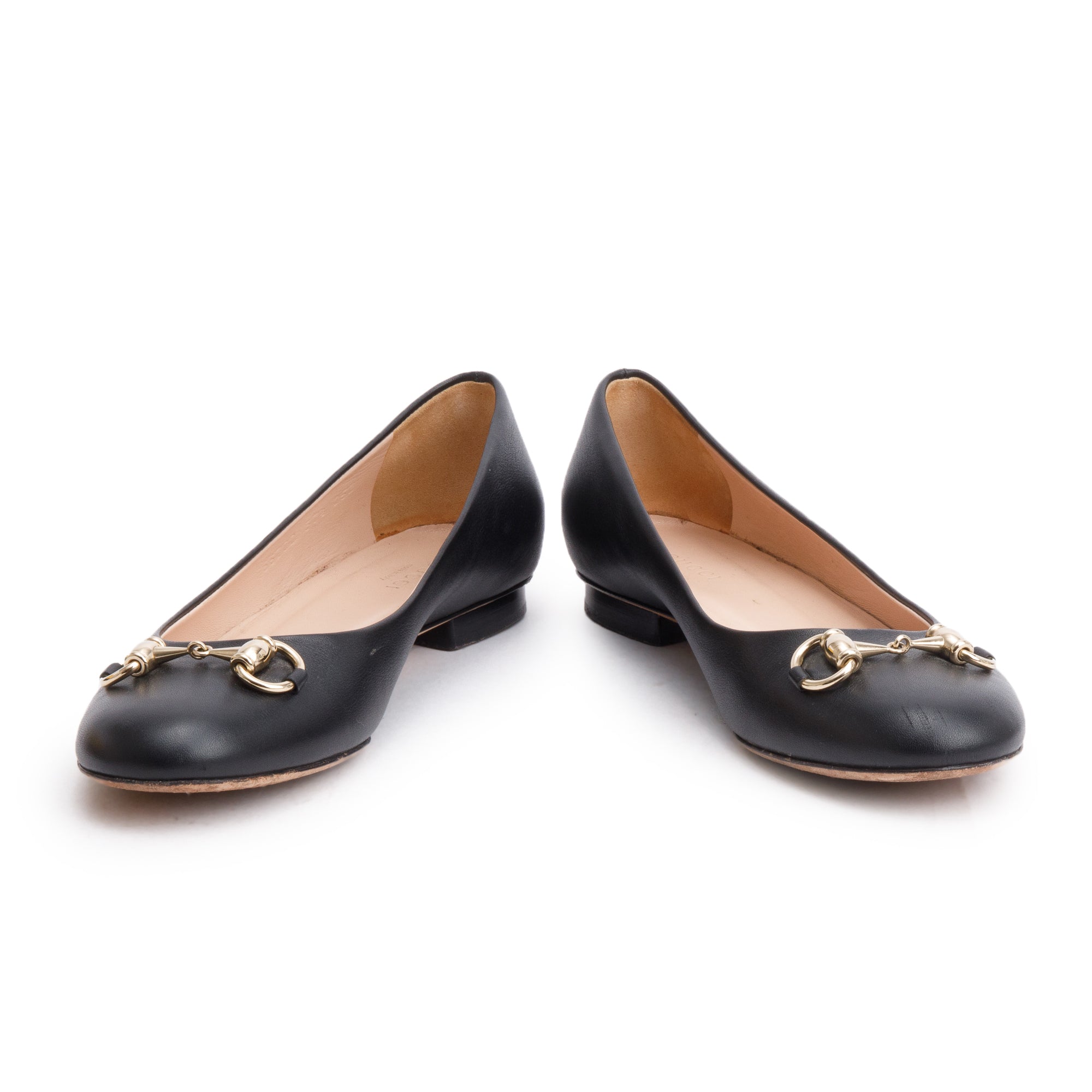 Gucci Black Leather Horsebit Accent Ballet Flats, Size 37.5 w/ Box